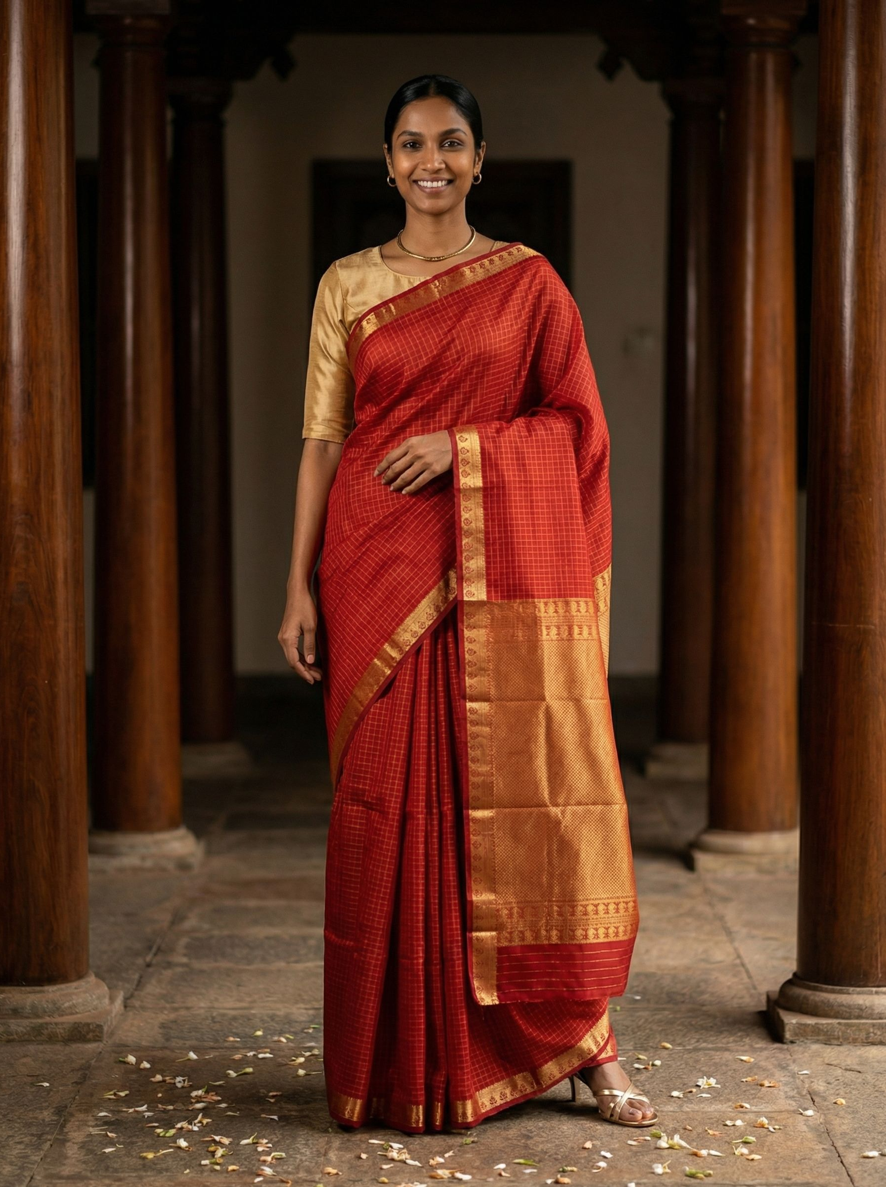 Kanjivaram silk Red Checked Saree with Gold Zari Border