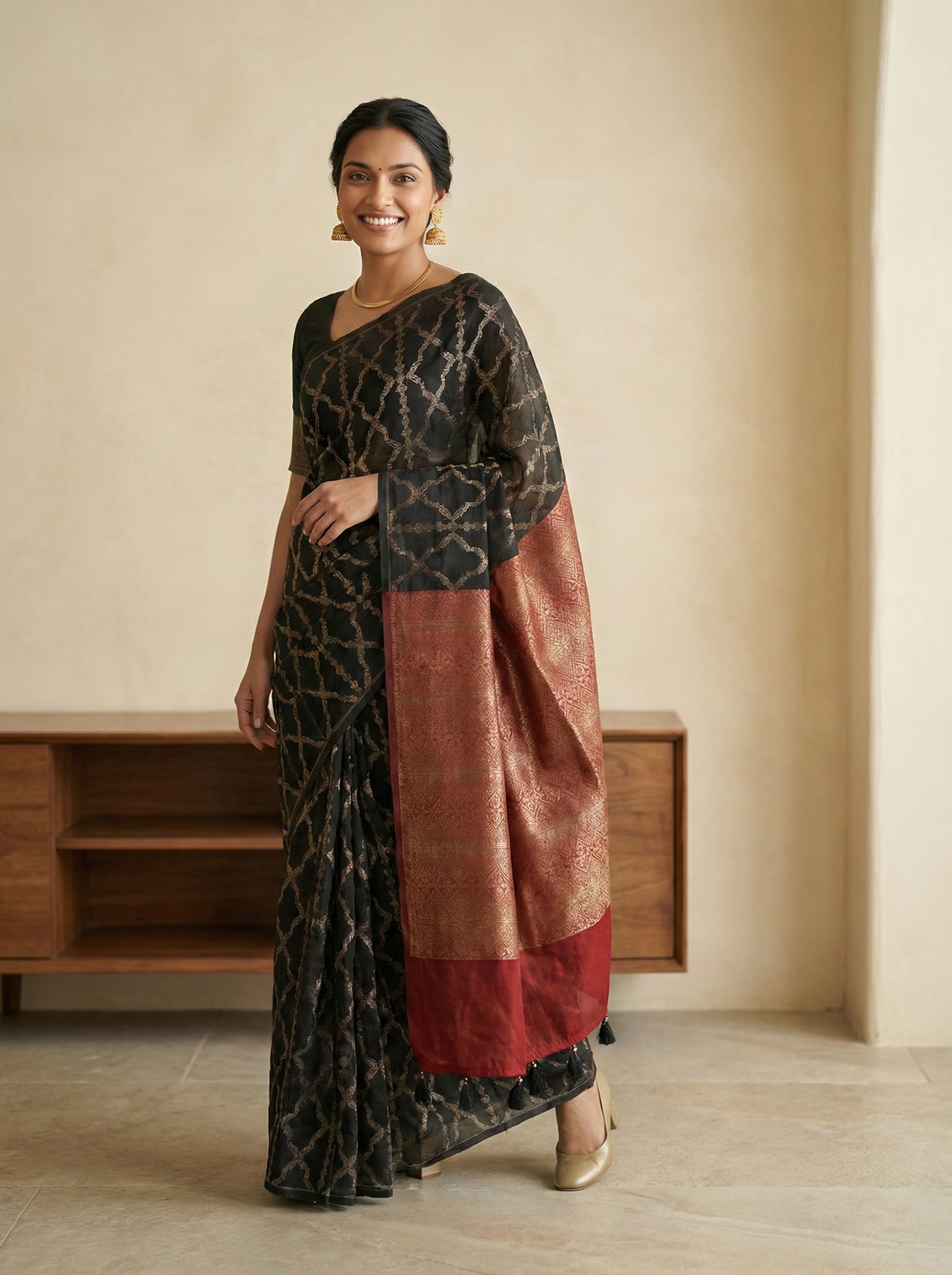 Synthetic Black Festive Wear Saree with Gold Geometric Design