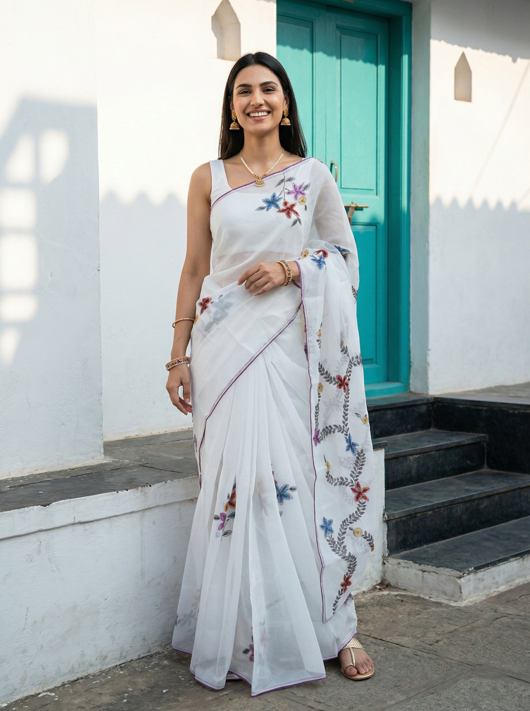 Cotton Pure White Saree with Delicate Floral Work
