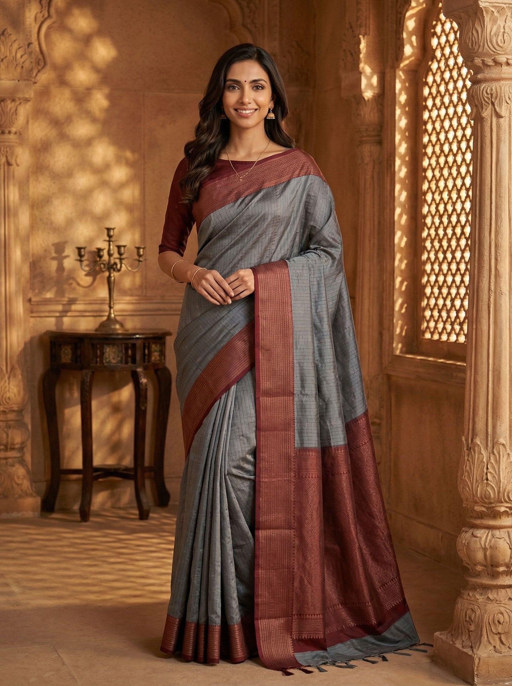 Semi Silk Grey Striped Saree with Maroon Border