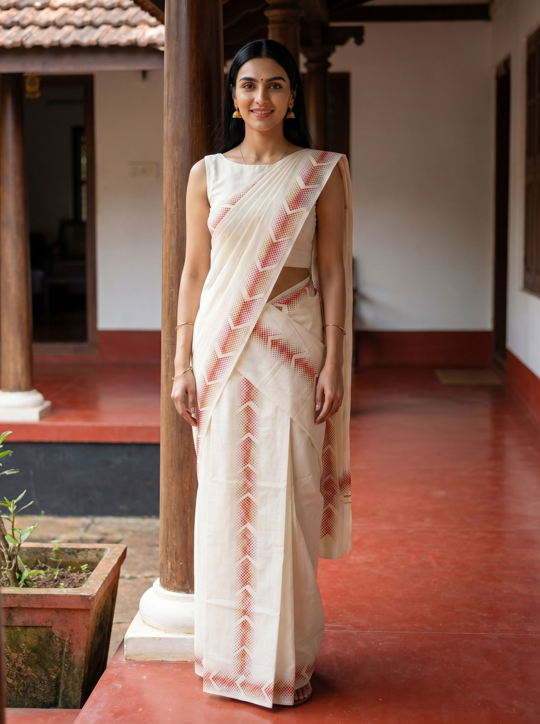 Woman in a white saree with red patterns standing in a traditional setting.