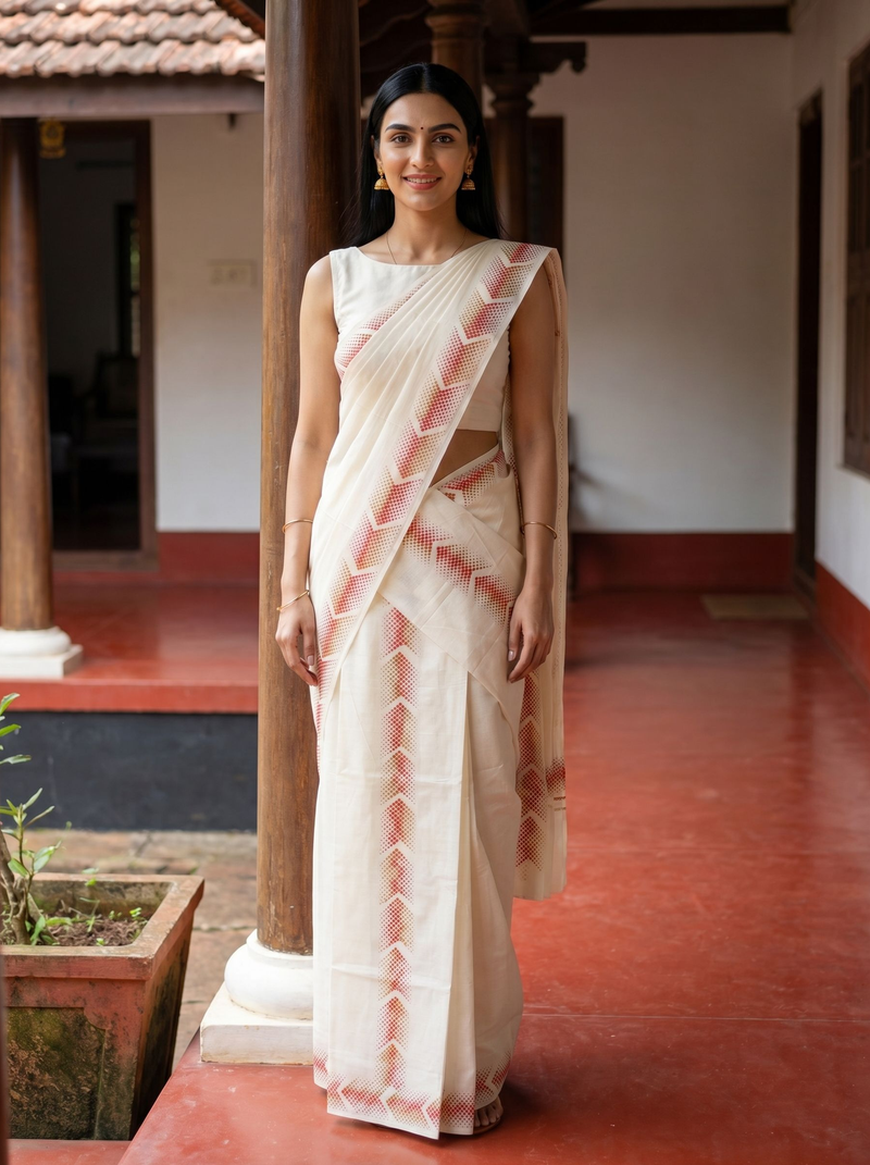 Woman in a white saree with red patterns standing in a traditional setting.