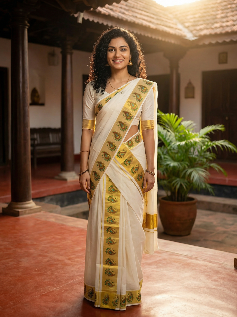 Woman in a white saree with gold and green patterns standing in a traditional setting.