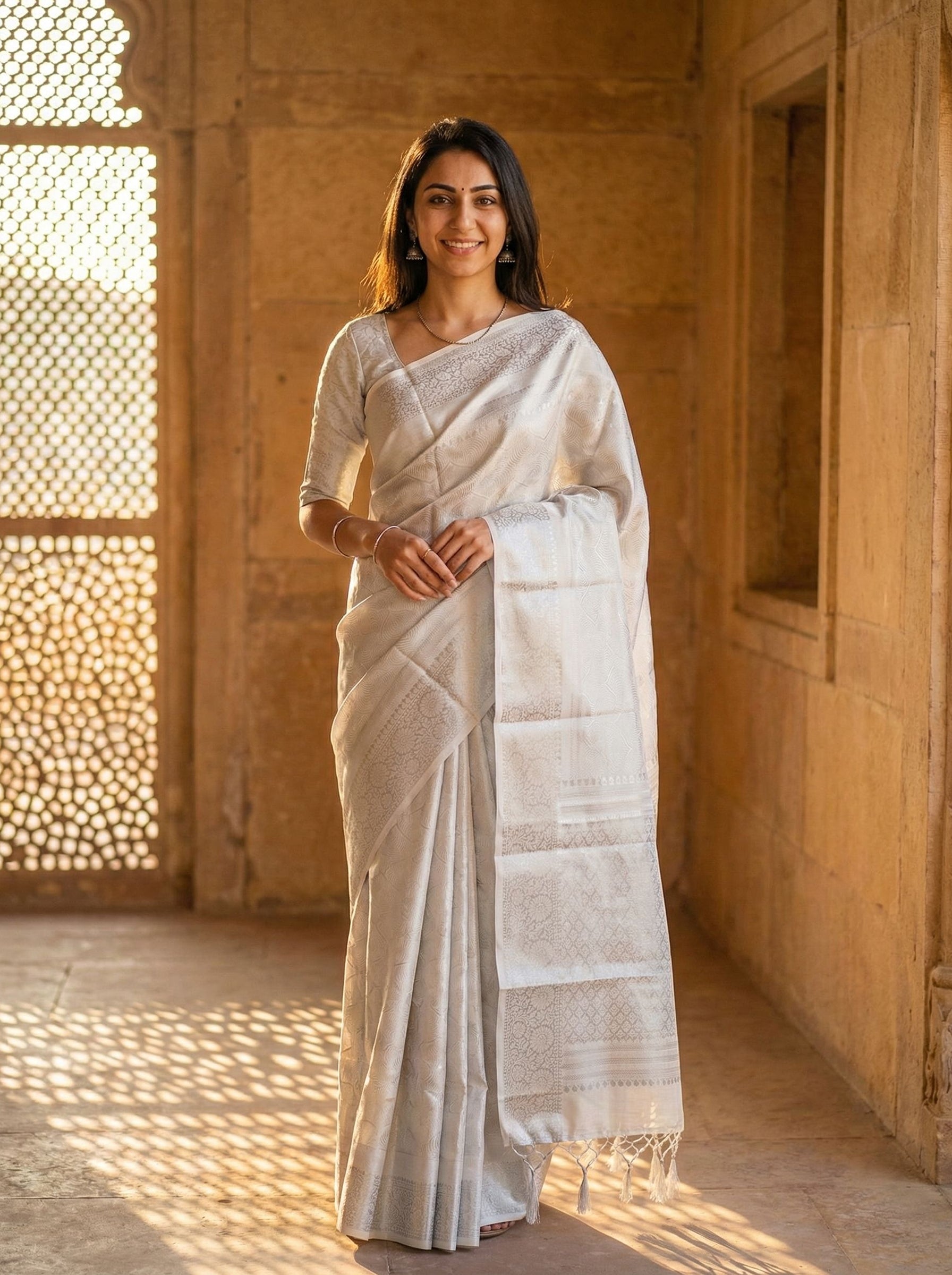 Woman in a white saree standing in a sunlit room with stone walls.