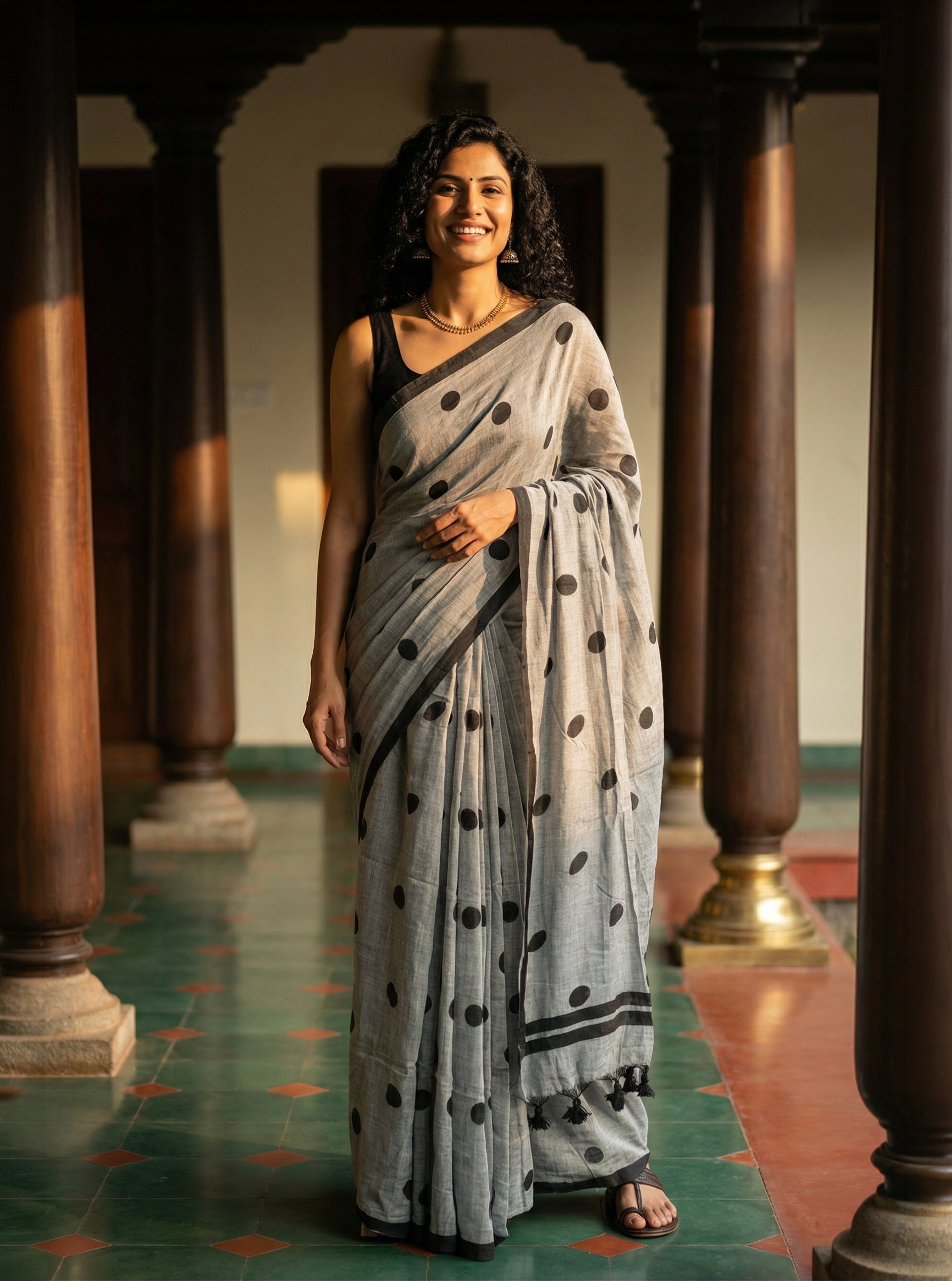 Cotton Casual Wear Grey Polka Dot Saree for Office & Daily Use