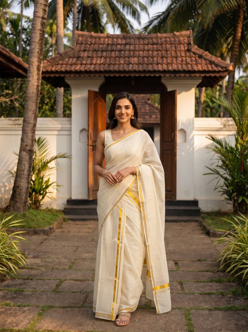 Woman in a white saree standing in front of a traditional house with palm trees in the background