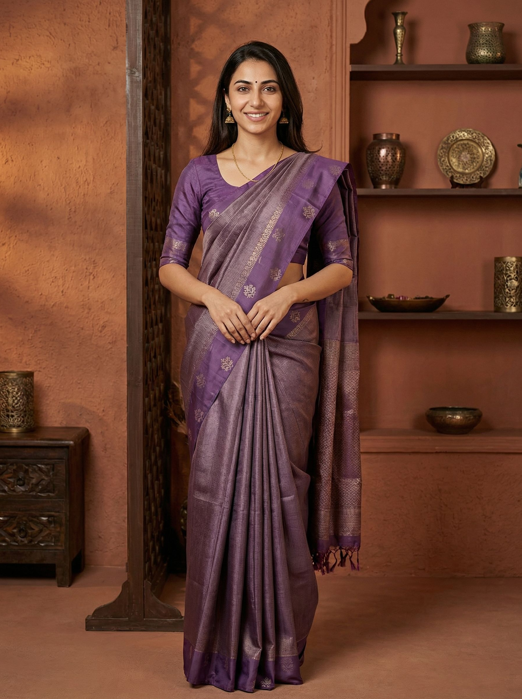 Semi Silk Violet Self-Design Saree with Zari Border