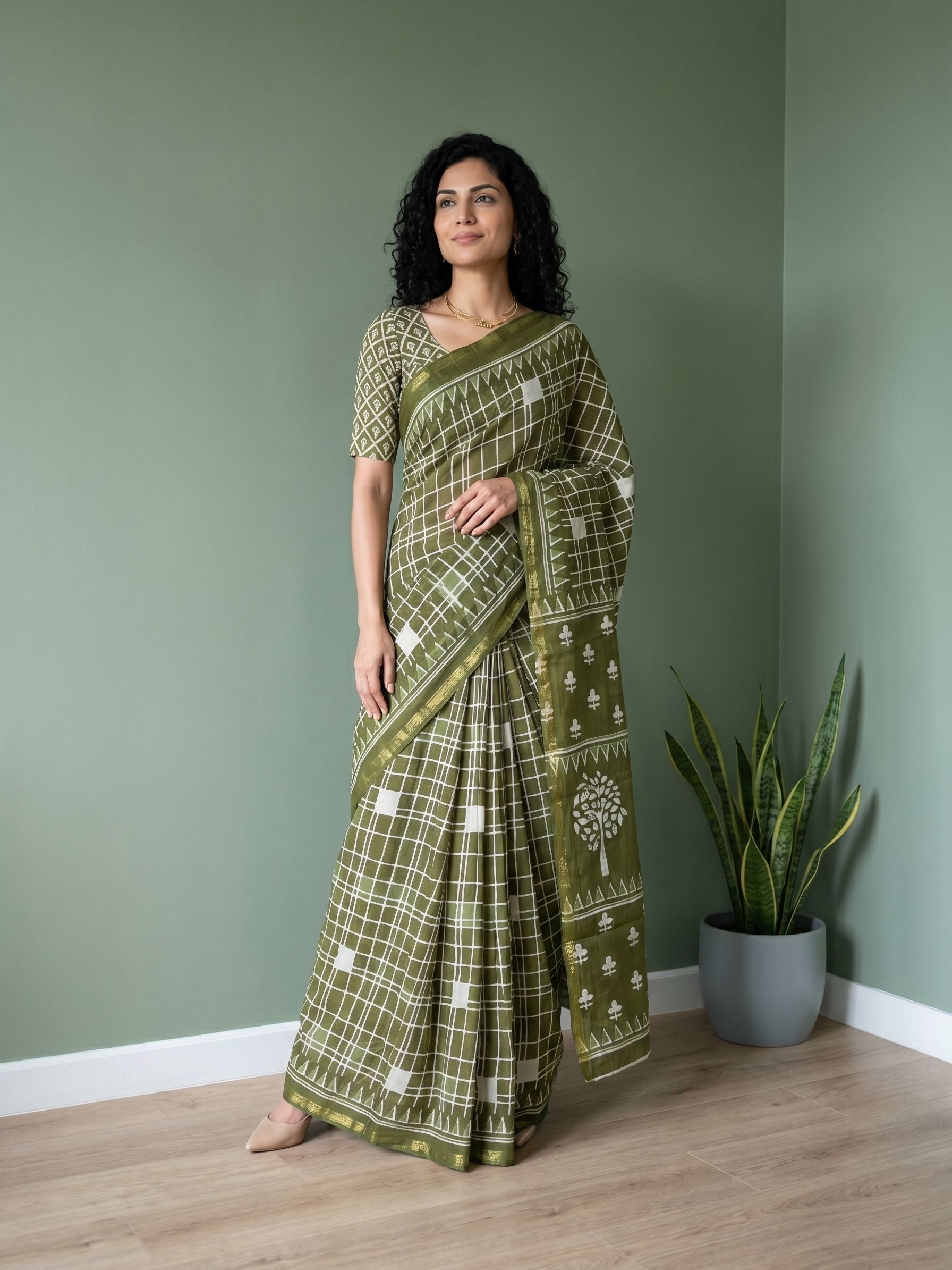 Woman wearing a green saree with a white pattern in a room with a green wall and a plant.