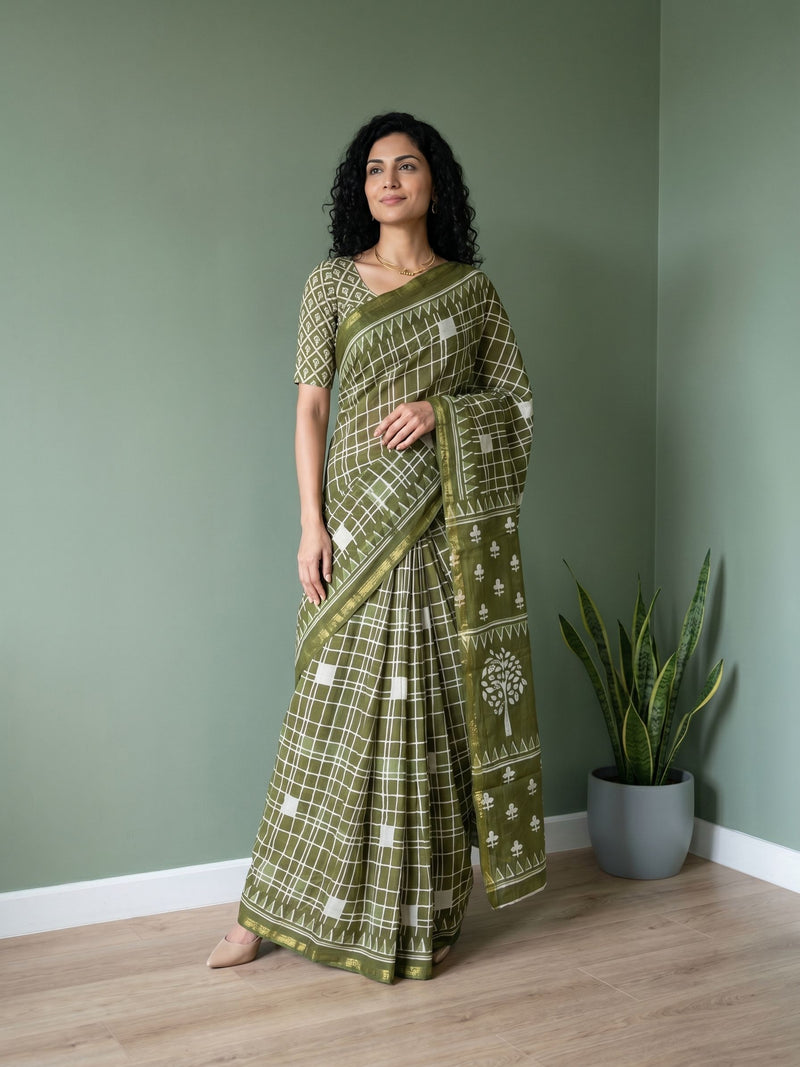 Woman wearing a green saree with a white pattern in a room with a green wall and a plant.