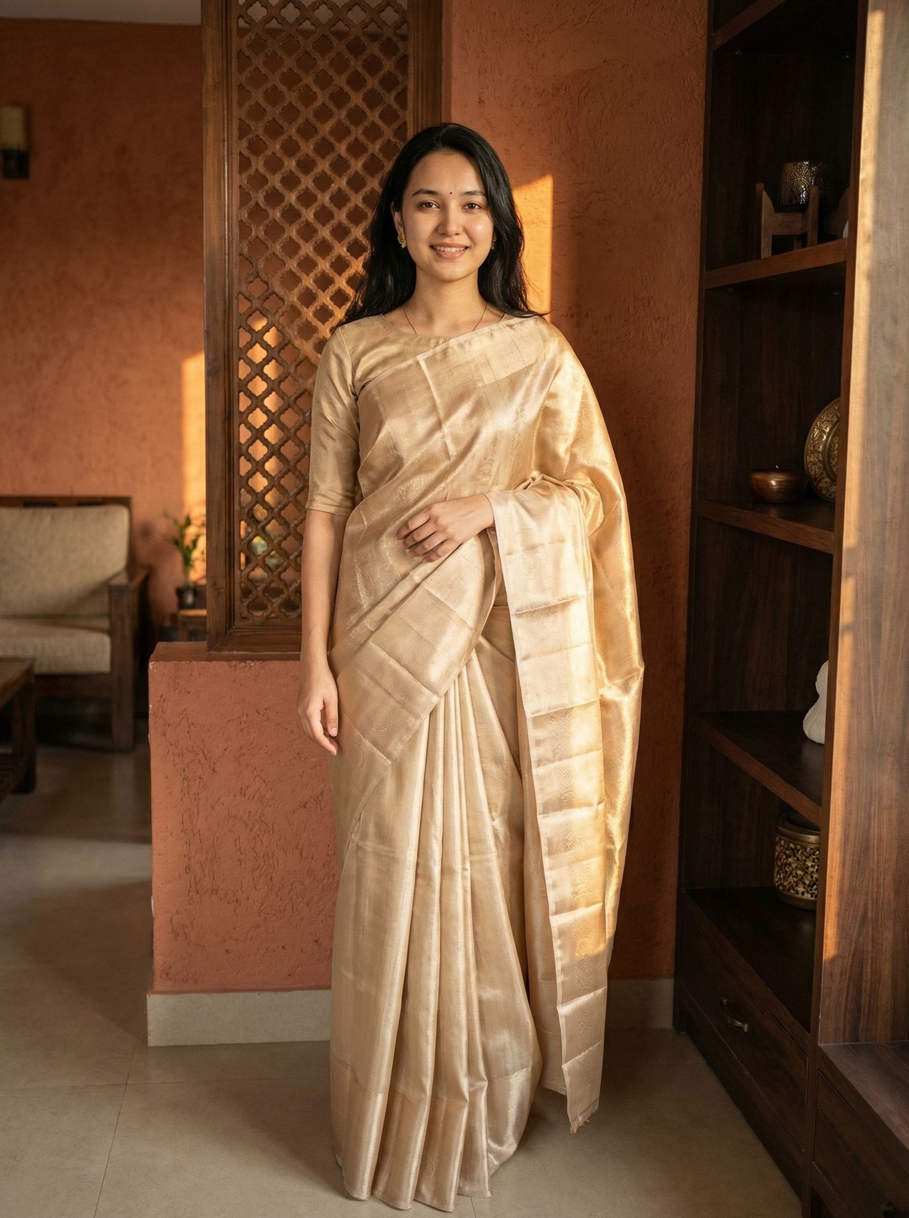 Semi Silk Elegant Champagne Gold Saree with Minimalist Woven Design