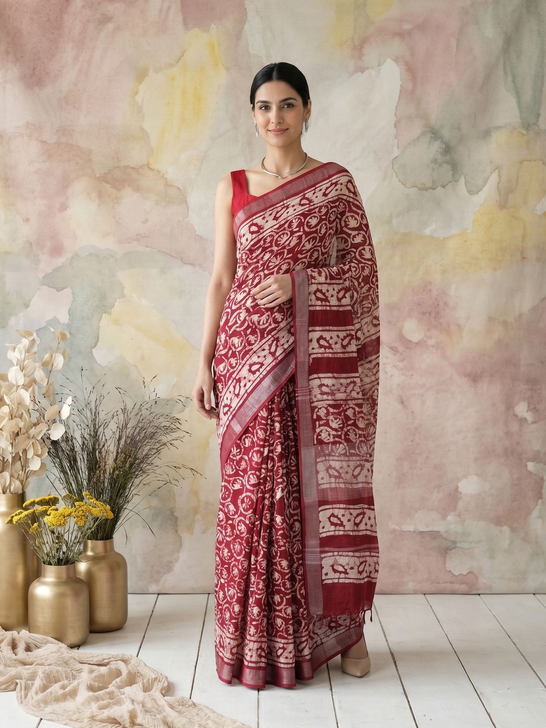 Woman wearing a red and white saree standing against a pastel-colored wall with decorative elements.