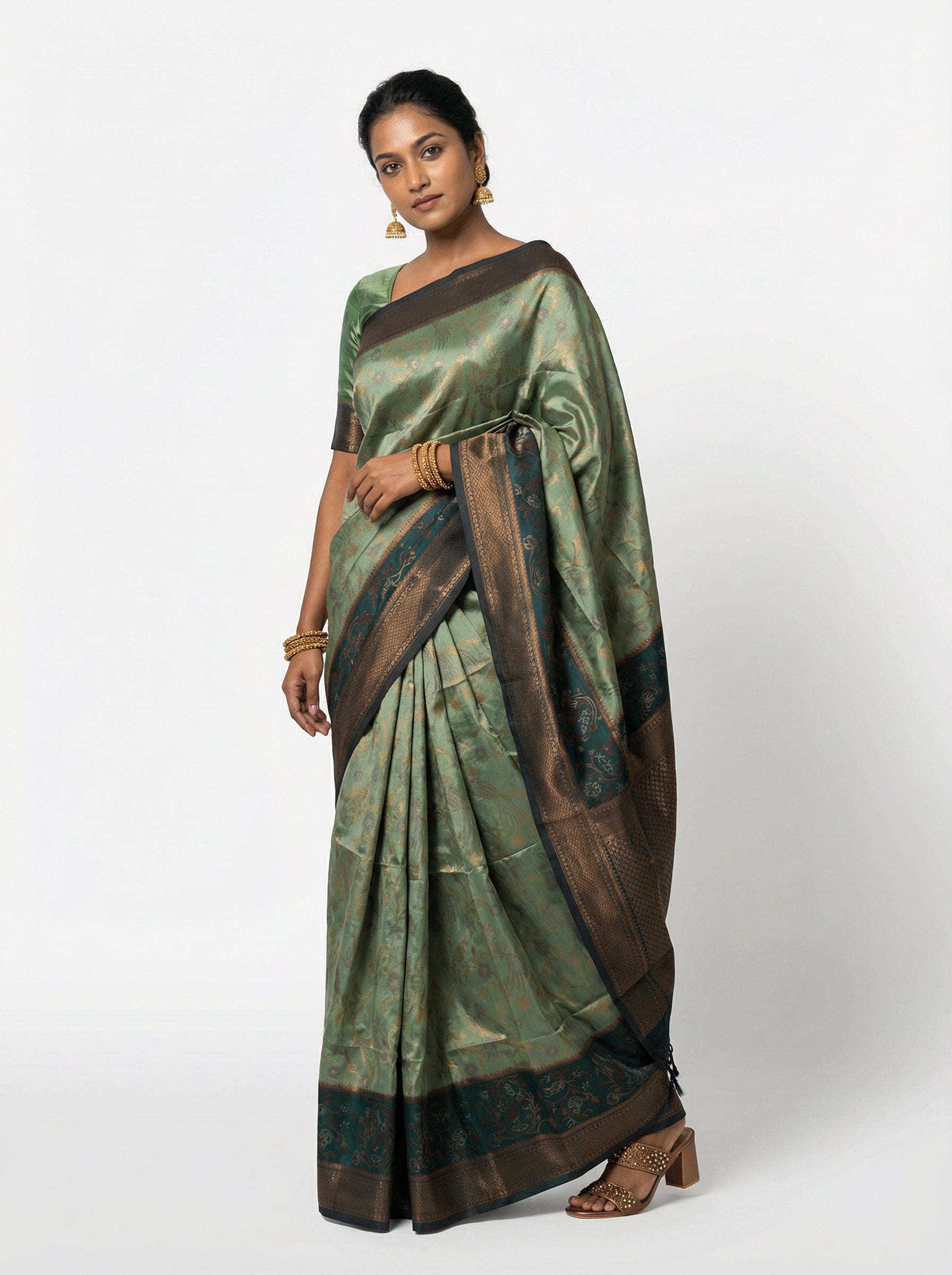 Semi Silk Saree with Floral Border and Bottle Green Golden Butta Blouse Piece