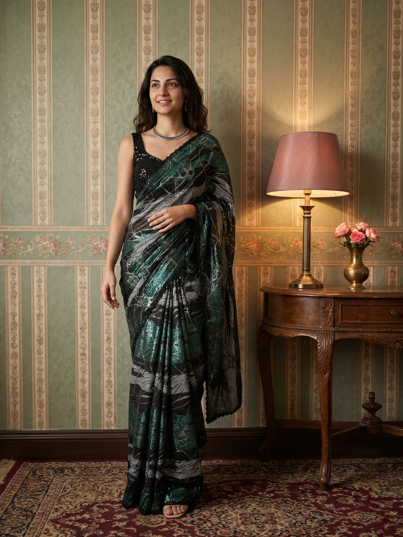 Woman in a green saree standing in a room with patterned wallpaper and a lamp.