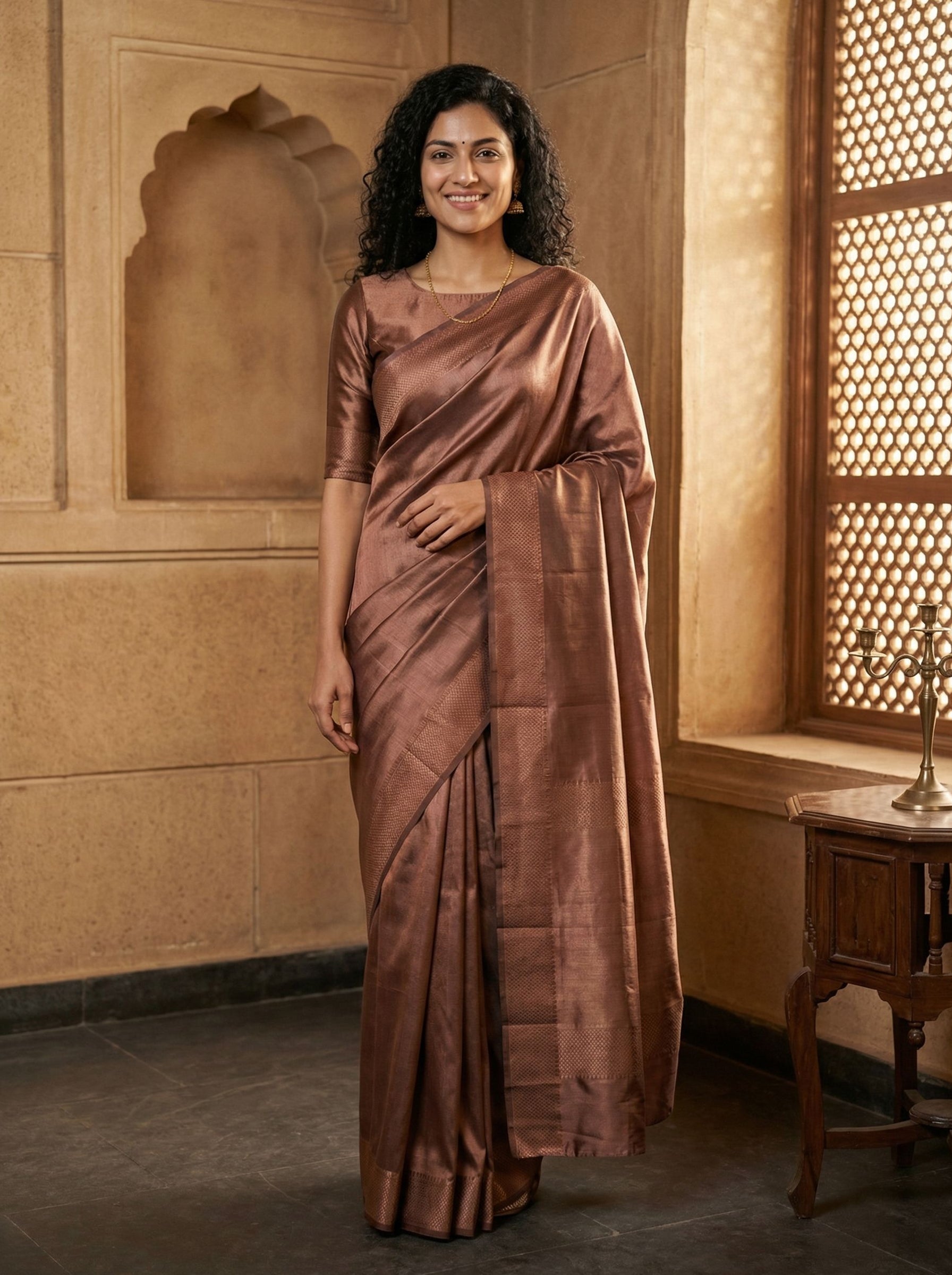Woman in a brown saree standing in a room with architectural elements.