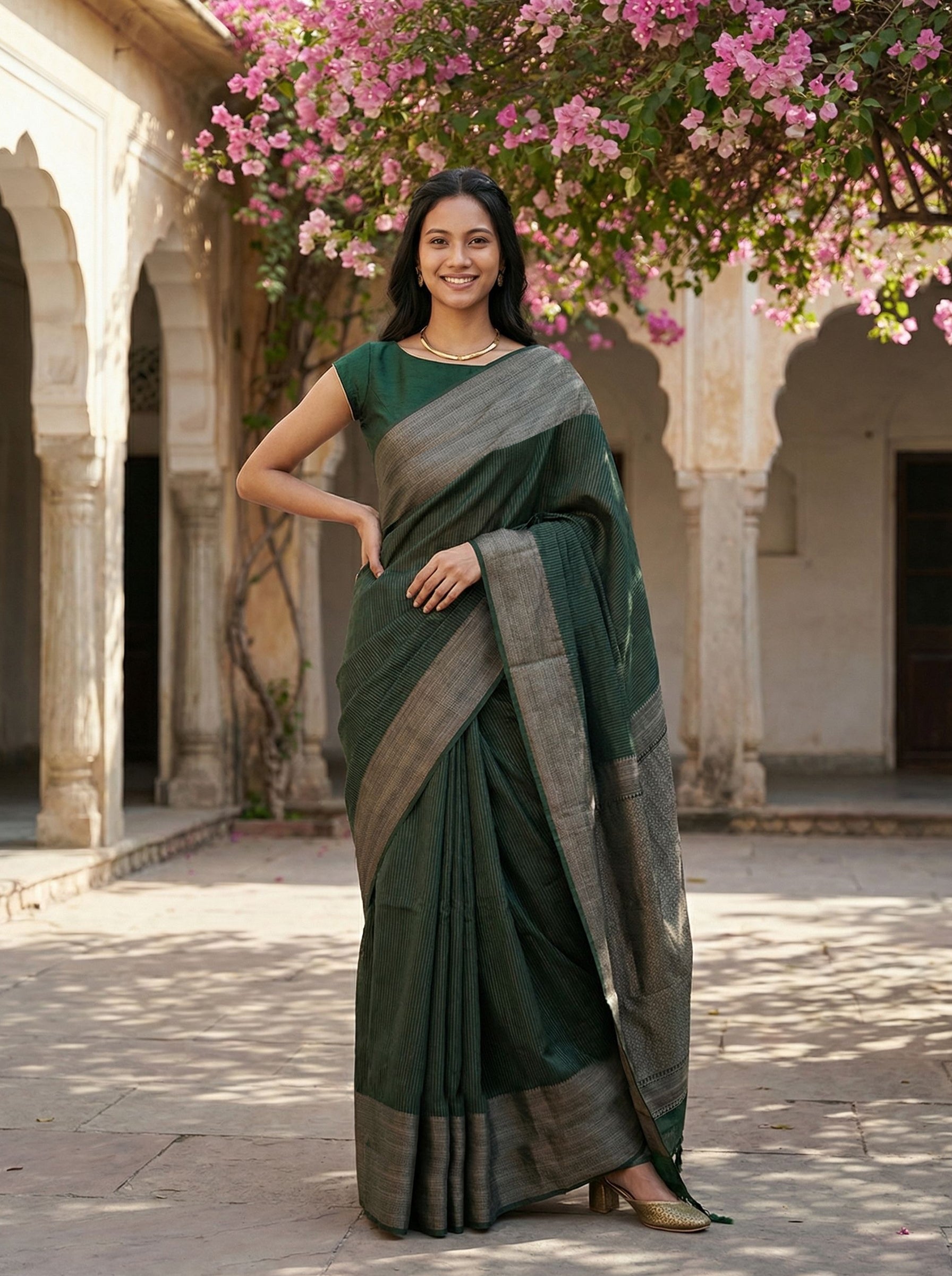 Kanjivaram Pure silk Bottle Green Striped Saree with Silver Zari Border