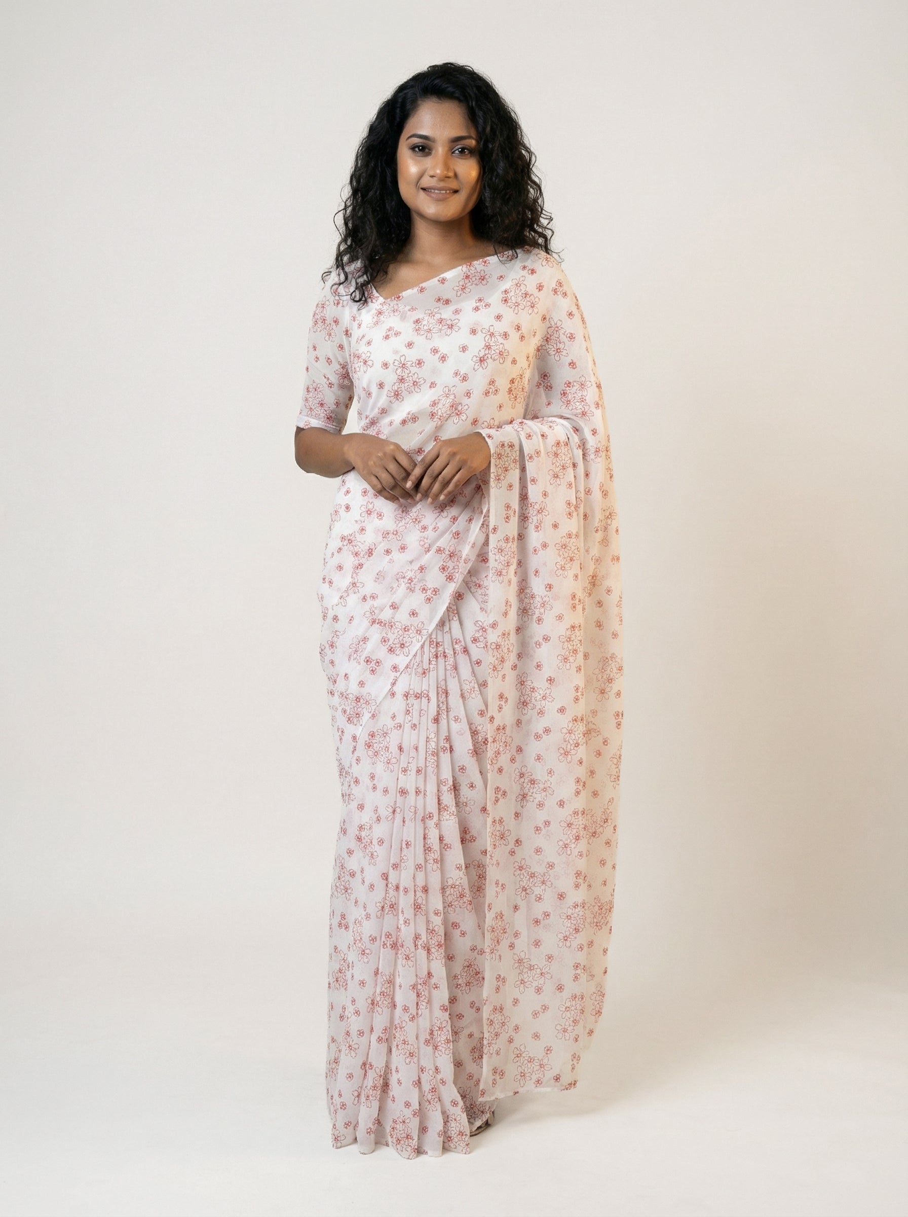 Chiffon Premium White Saree with Red Hand Block Floral Design