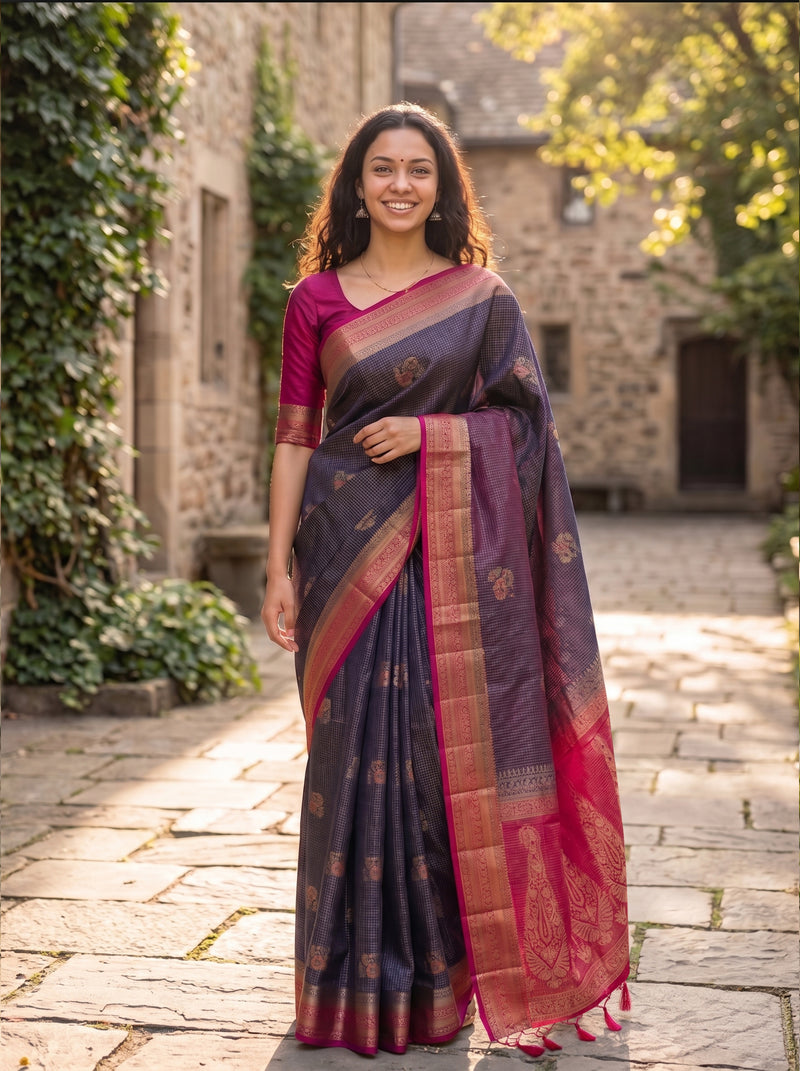 Woman wearing a traditional saree outdoors with greenery and a stone building in the background