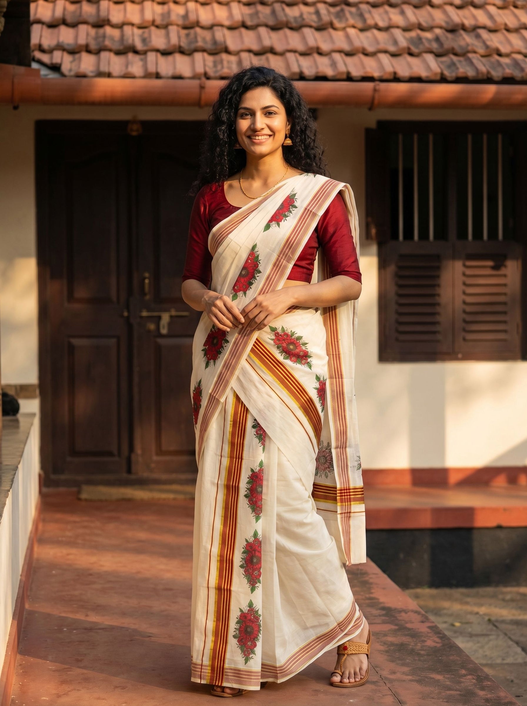 Woman in a traditional saree standing in front of a house.
