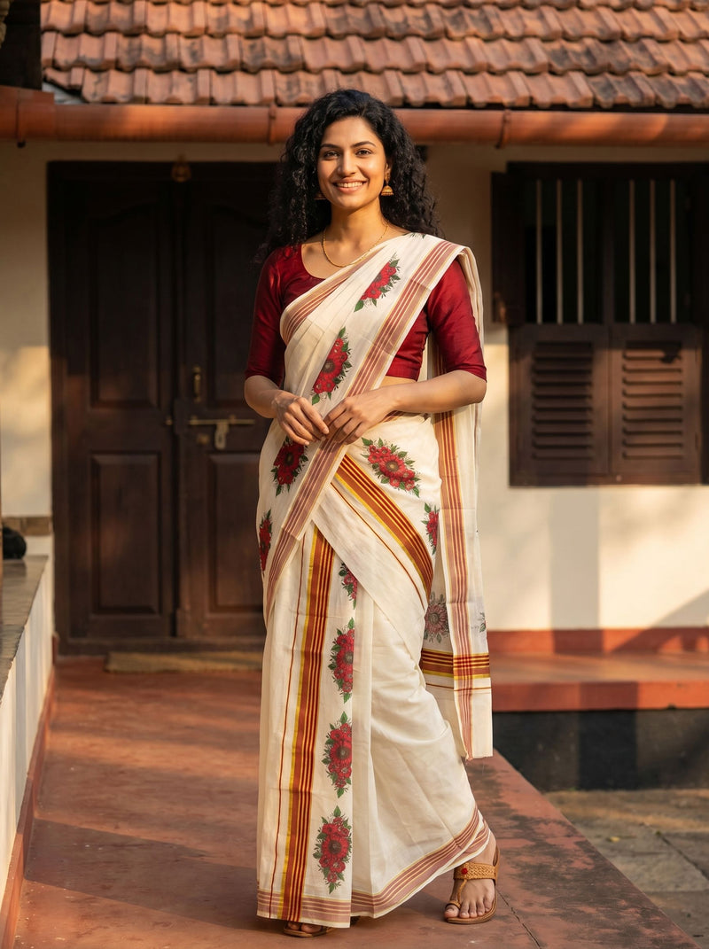 Woman in a traditional saree standing in front of a house.