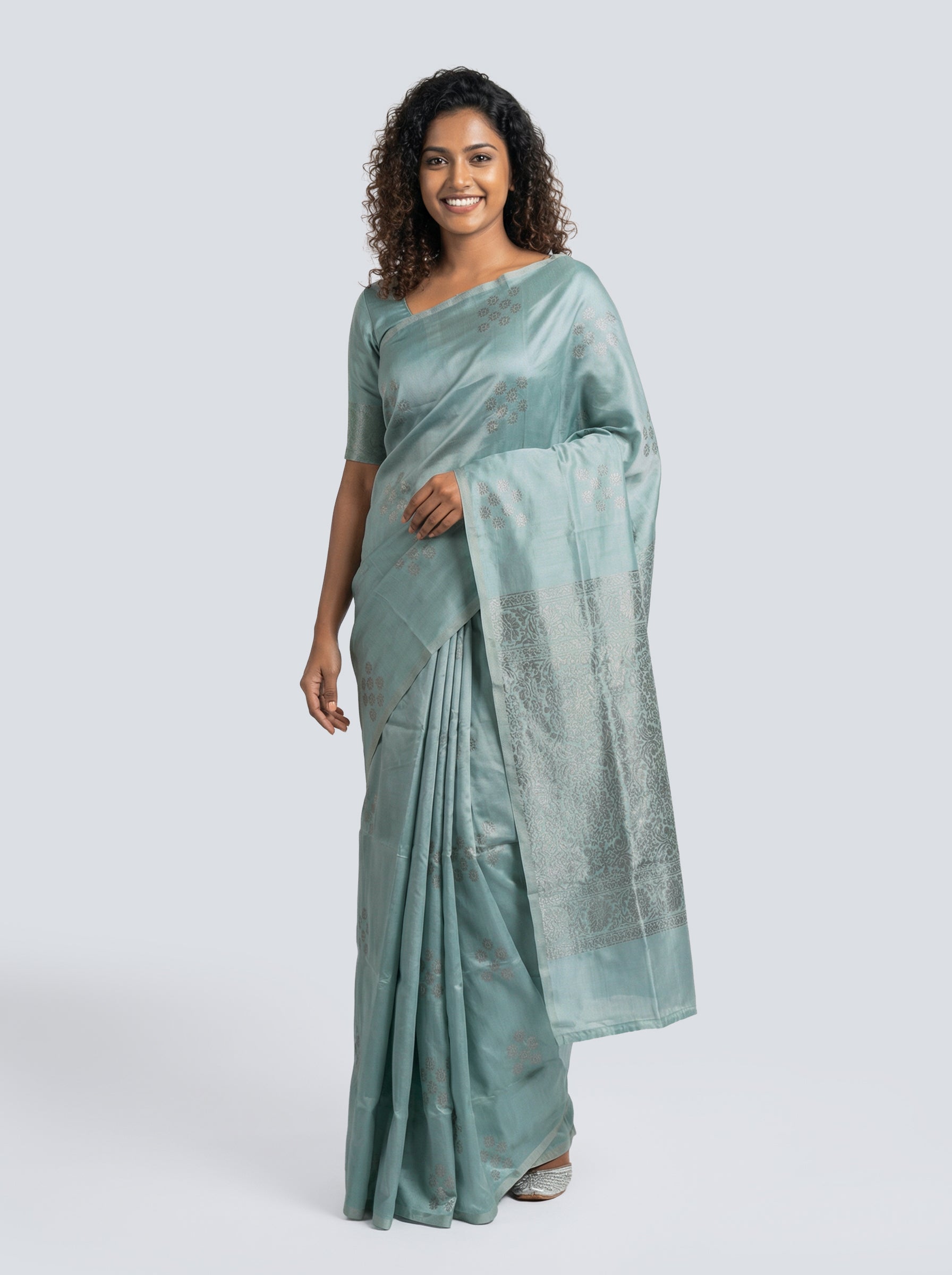 Art Silk Women’s Pastel Sea Blue Saree with Spread Butta Motifs