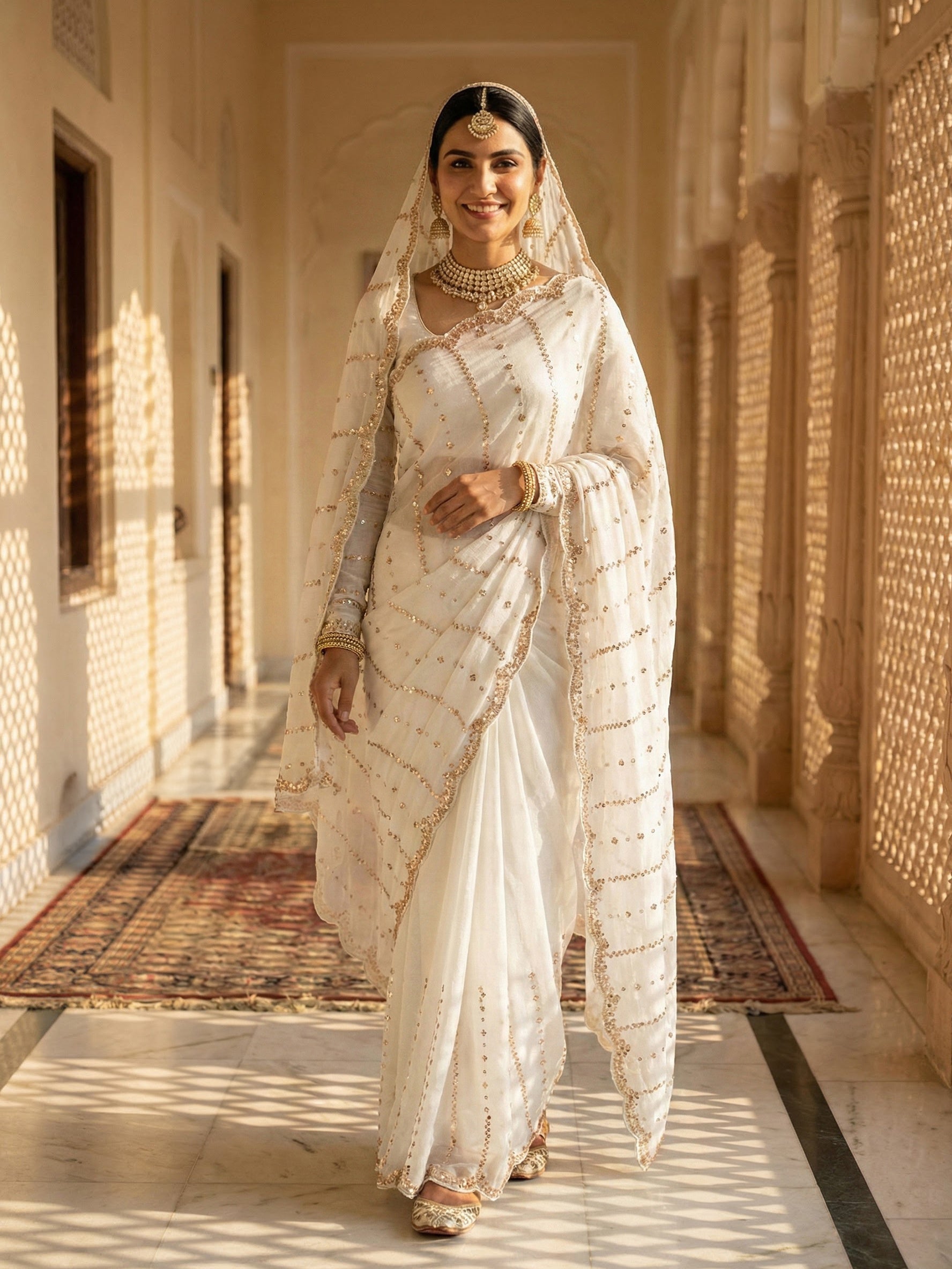 Timeless White Golden Sequin Embellished Saree
