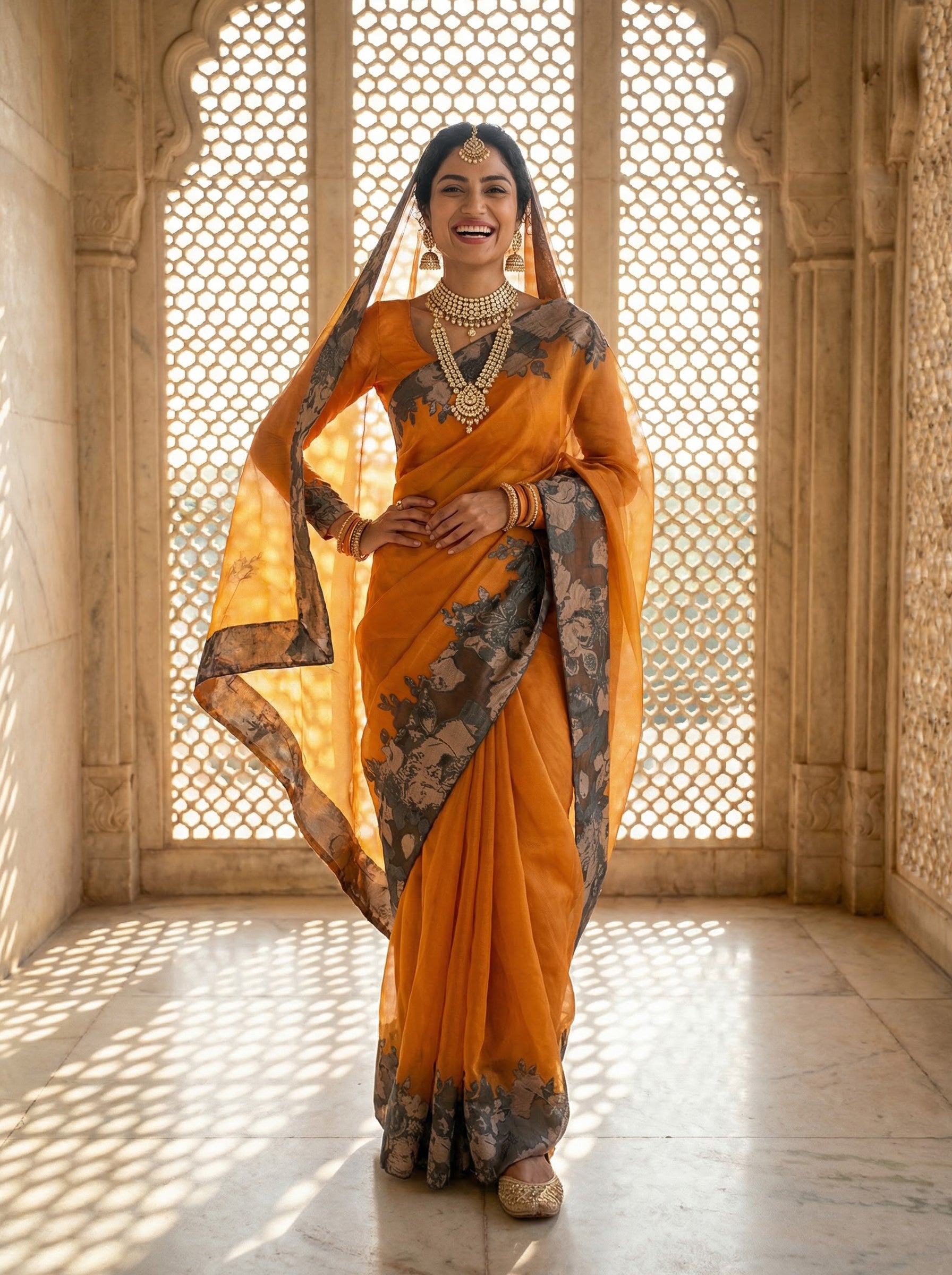 Mustard Flame Black Bloom Saree