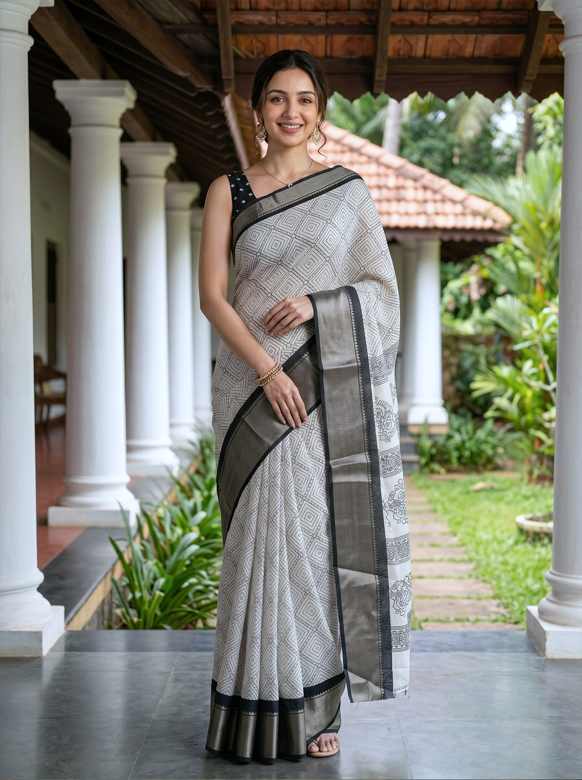 Woman in a white saree with black patterns standing in a garden setting.
