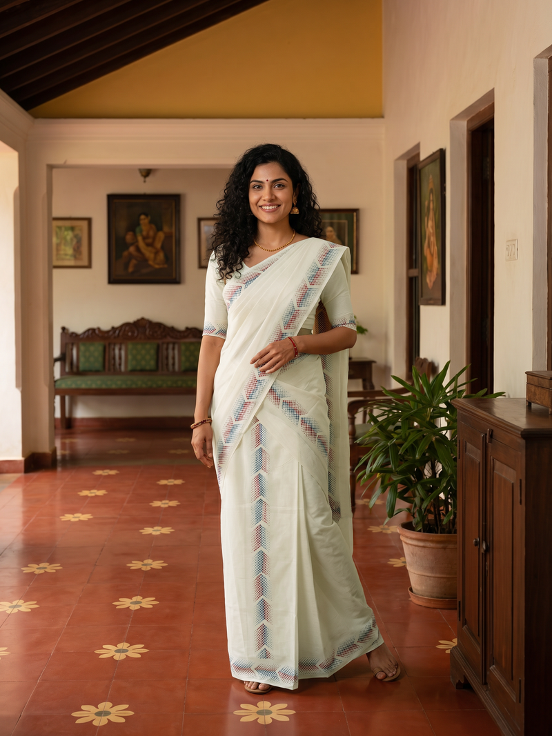 Woman in a white saree standing in a room with decorative tiles and furniture.
