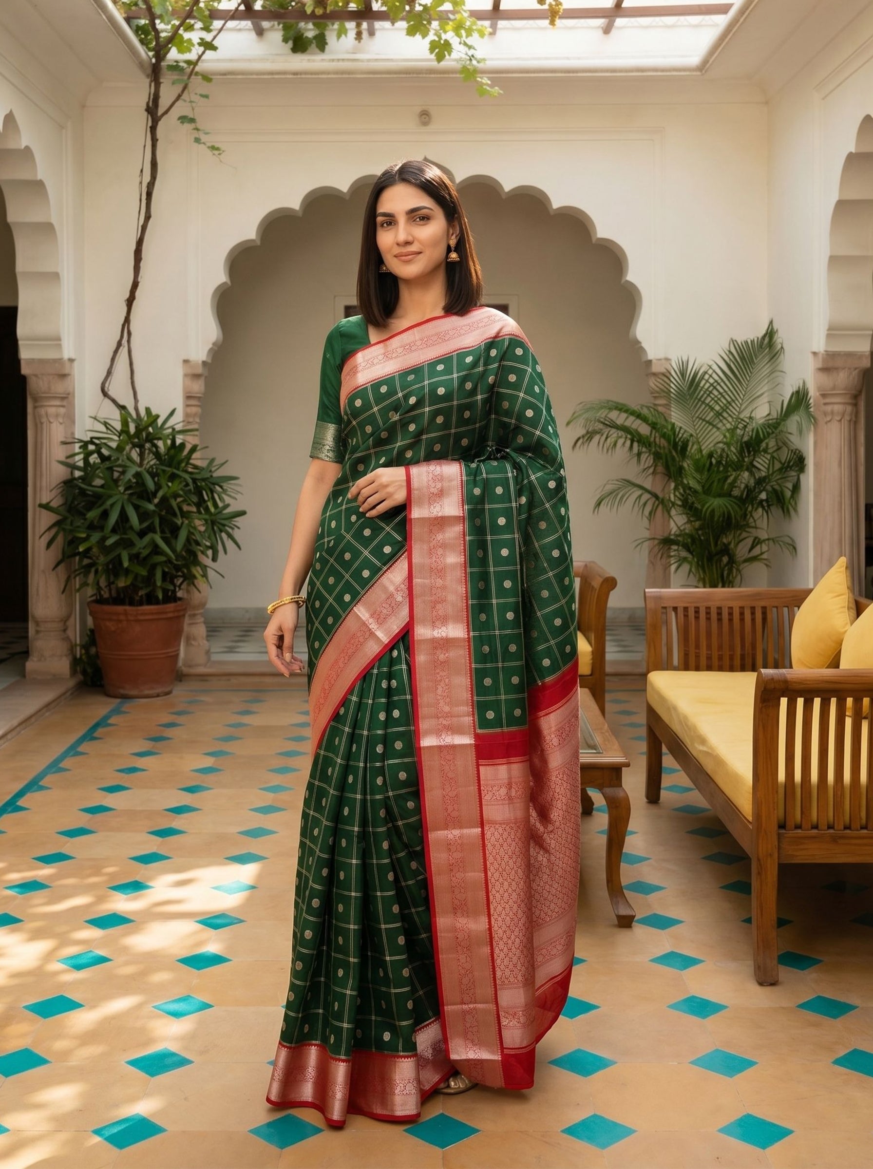 Pure Silk Bottle Green Zari Checks and Butta Saree