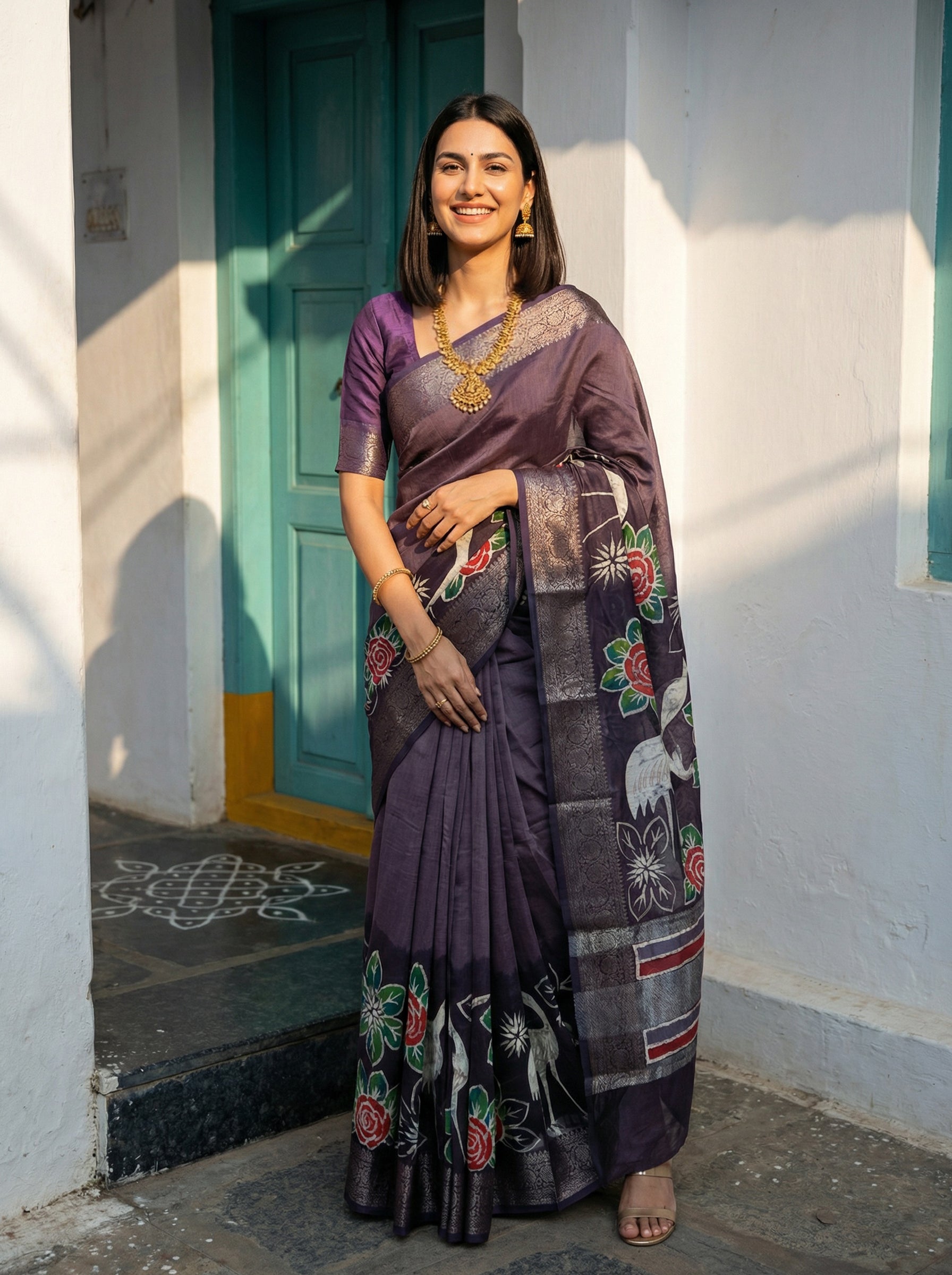 Cotton Elegant Plum Saree with Floral and Bird Design