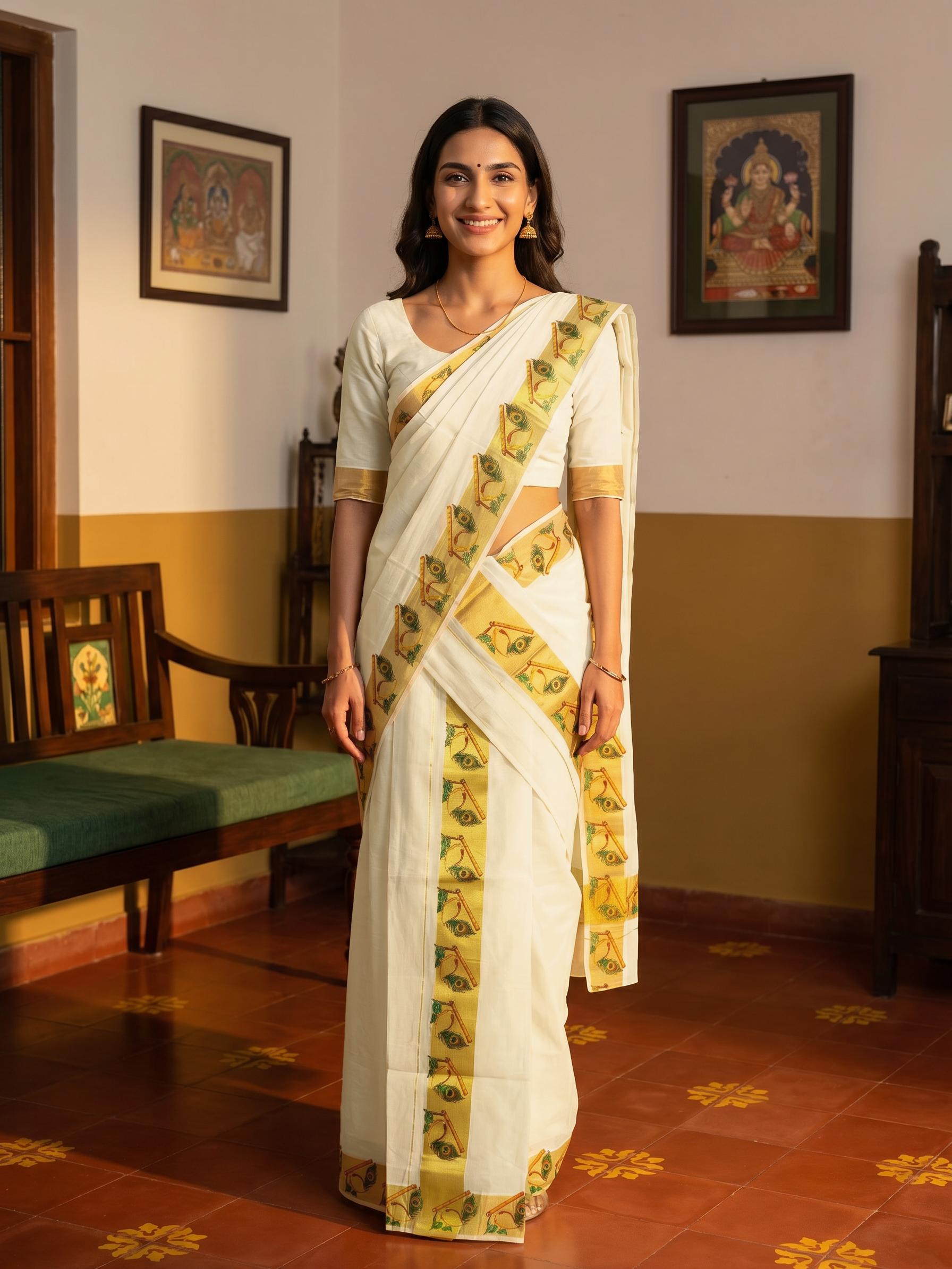 Woman in a white saree with yellow patterns standing in a room with traditional decor.
