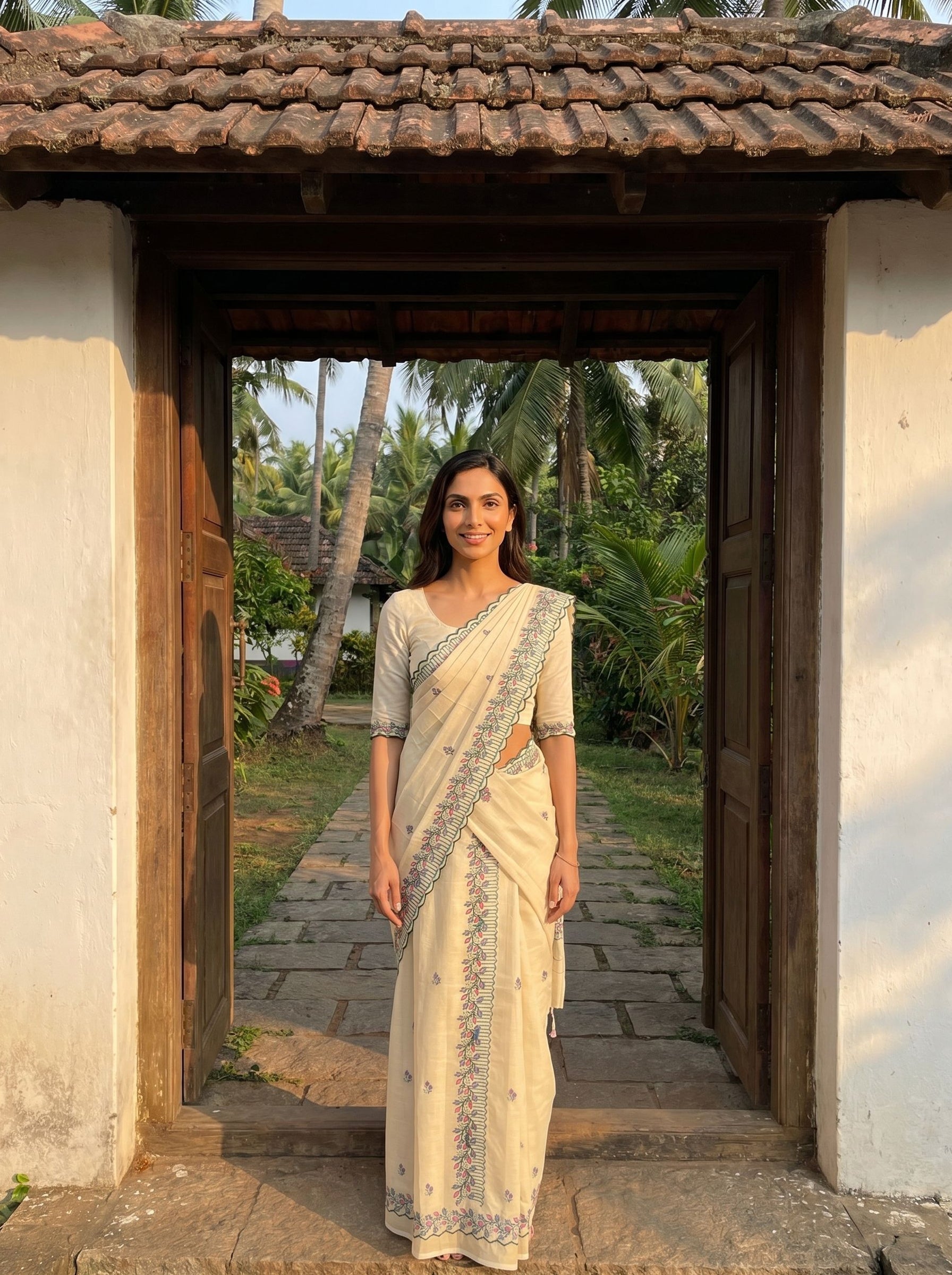 Woman in a saree standing in a doorway with a garden view