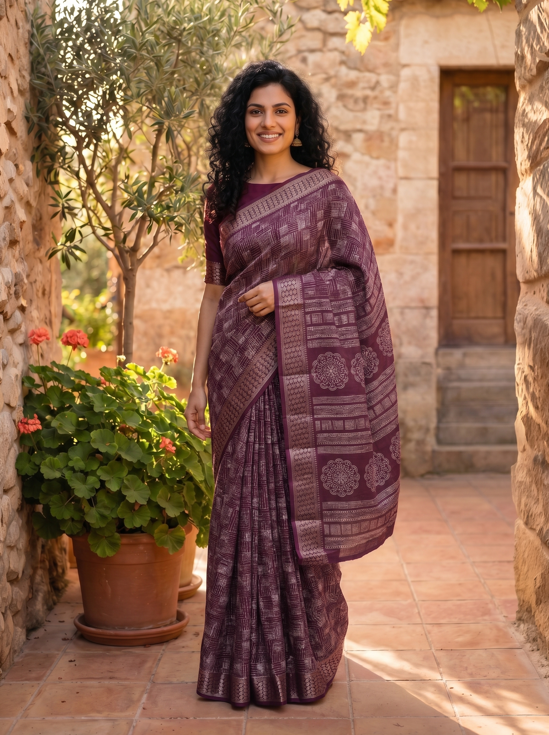 Semi Tussar Wine Purple Geometric Pattern Saree