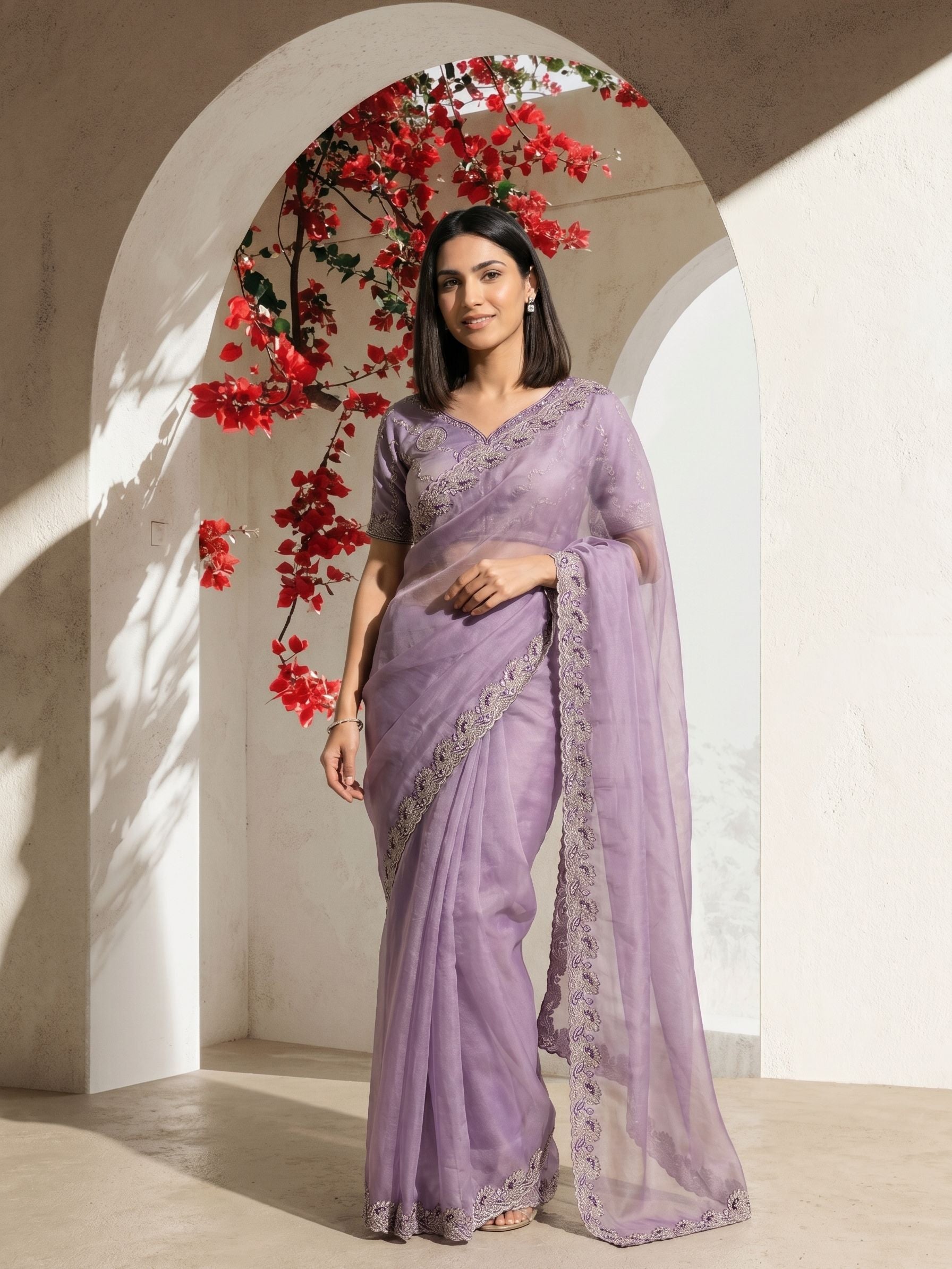 Organza Silk Lavender Embroidered Border Fancy Designer Saree