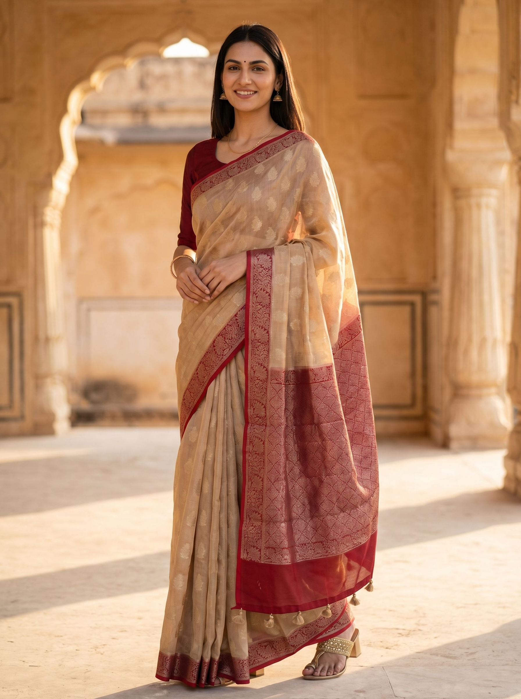 Woman in a traditional saree standing in front of architectural background