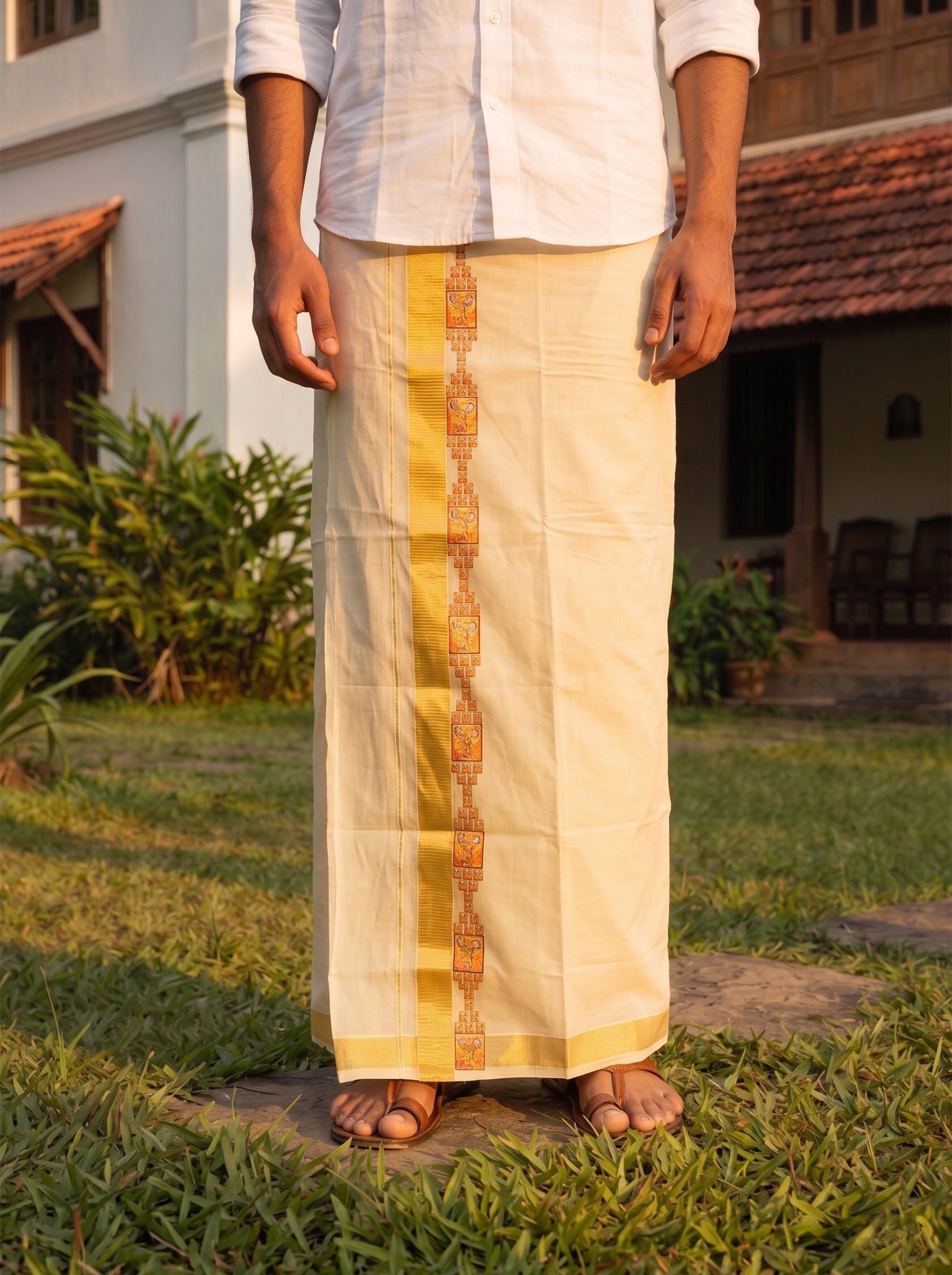 Men's Tissue Cream Golden Kasavu Border Lord Krishna Sticker Print Kerala Dhoti