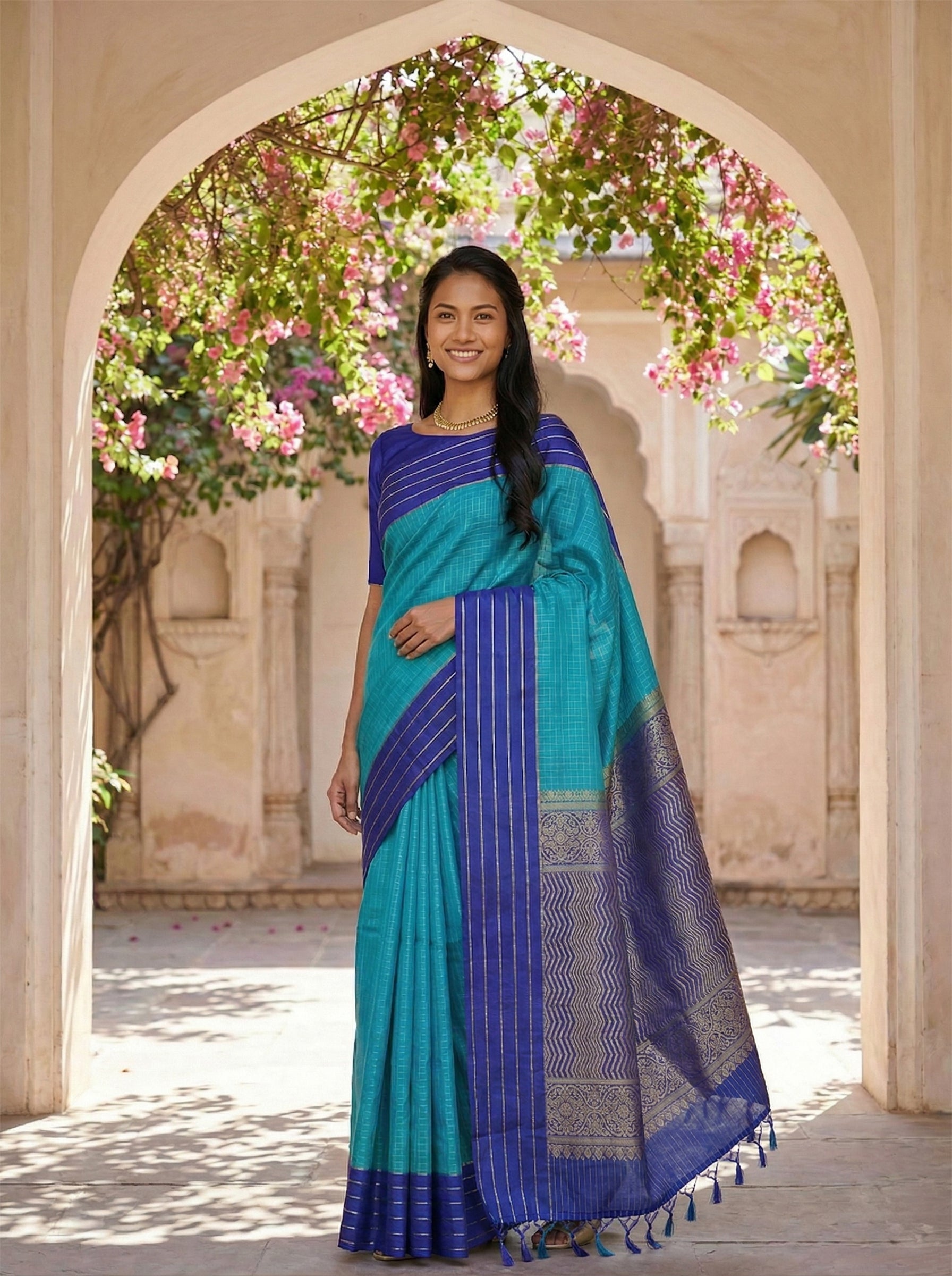 Kanjivaram Silk Peacock Blue Geometric Weave Saree