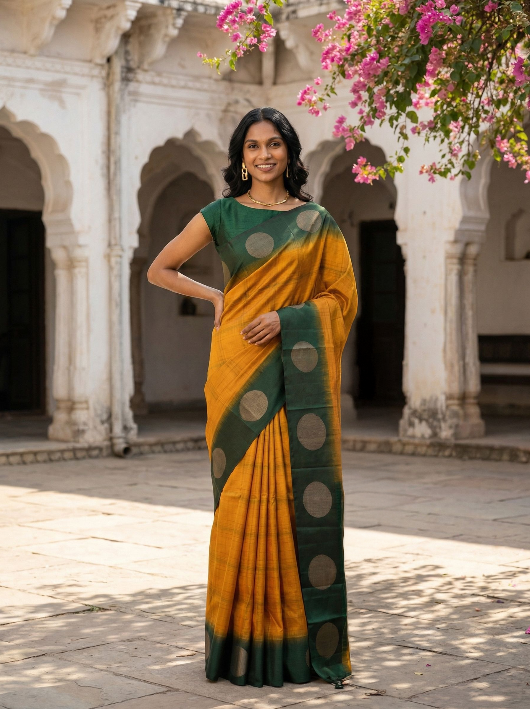 Kanjivaram Pure Silk Mustard Yellow and Green Coin Motif Saree