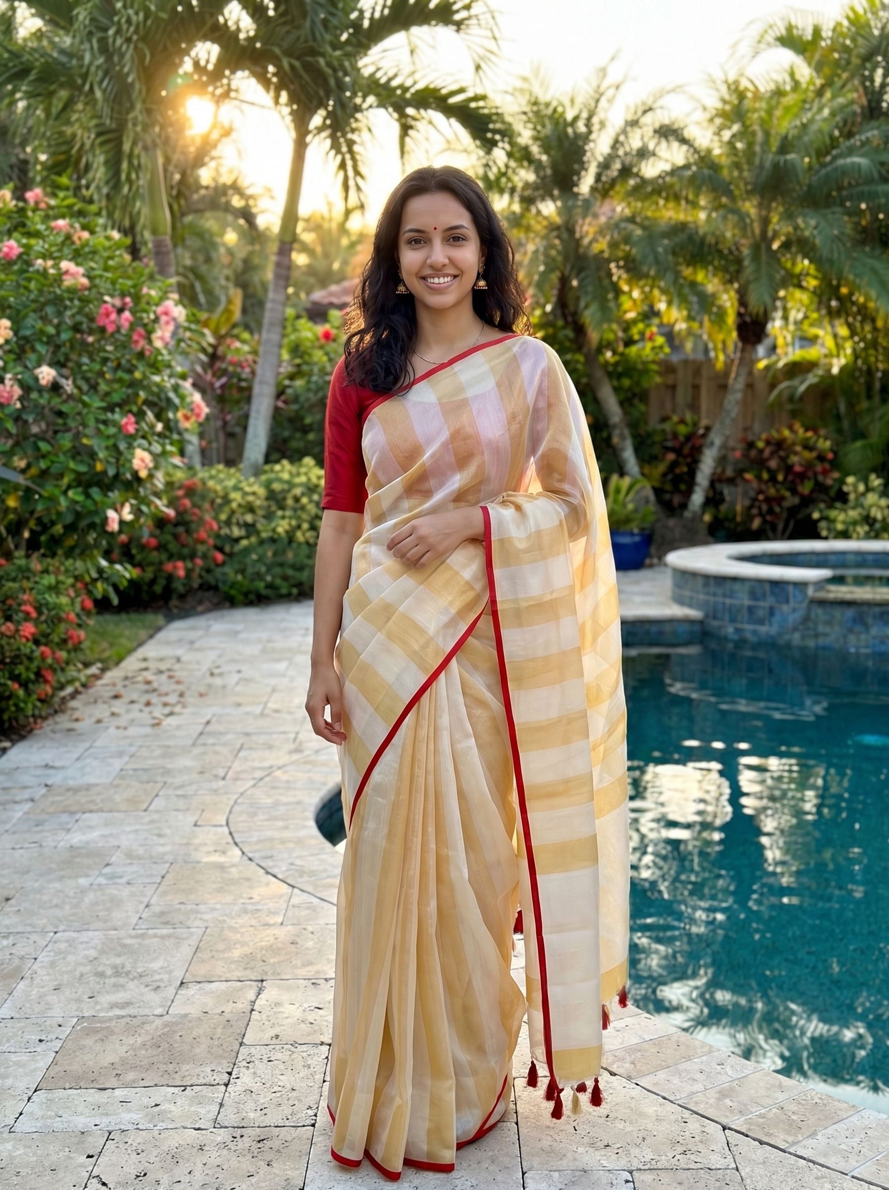 Tussar Ivory Gold Checked Saree with Red Border