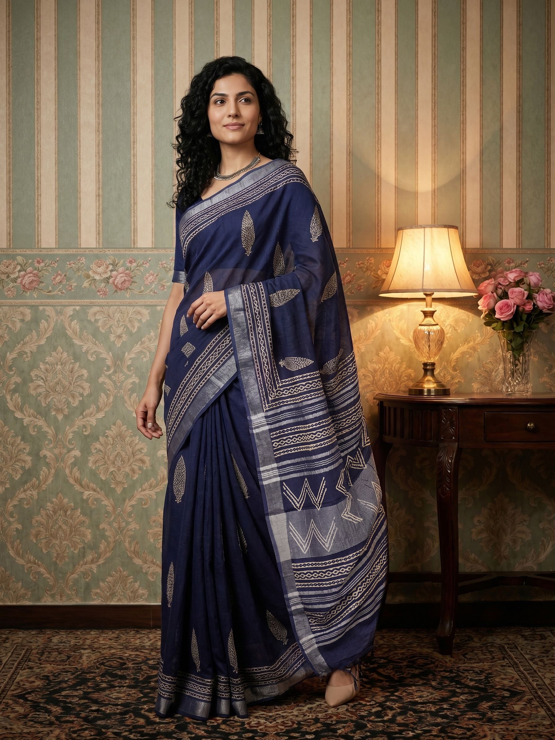 Woman wearing a blue saree with a pattern in a room with striped wallpaper and a lamp.