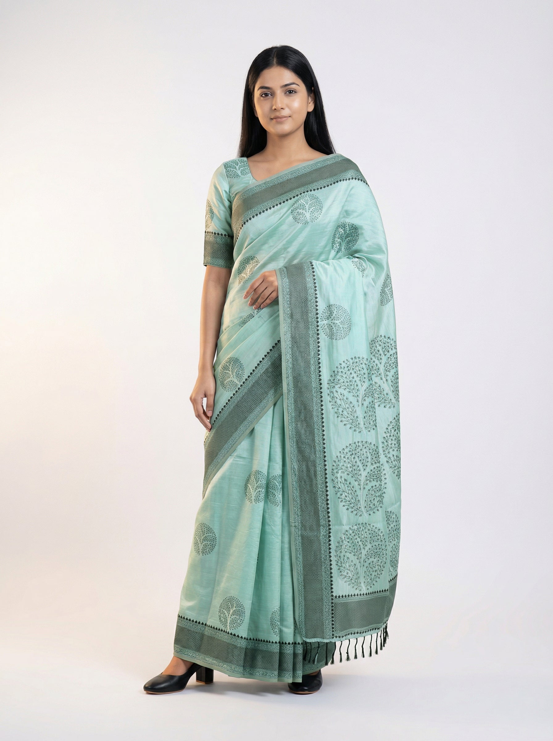 Semi Silk Pastel Blue Party Wear Saree with Round Tree Motif