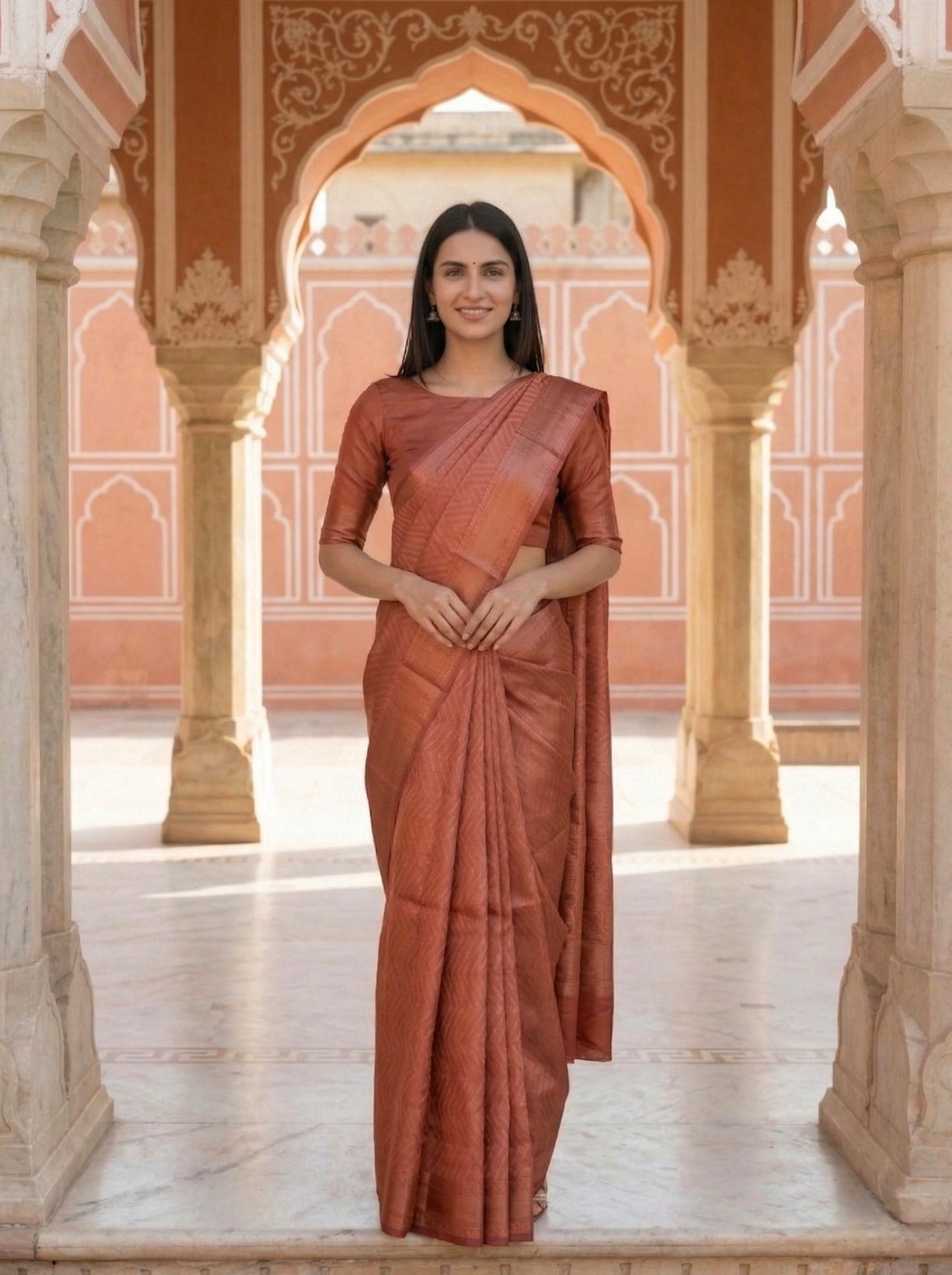 Woman in a rust-colored saree standing in an ornate architectural setting