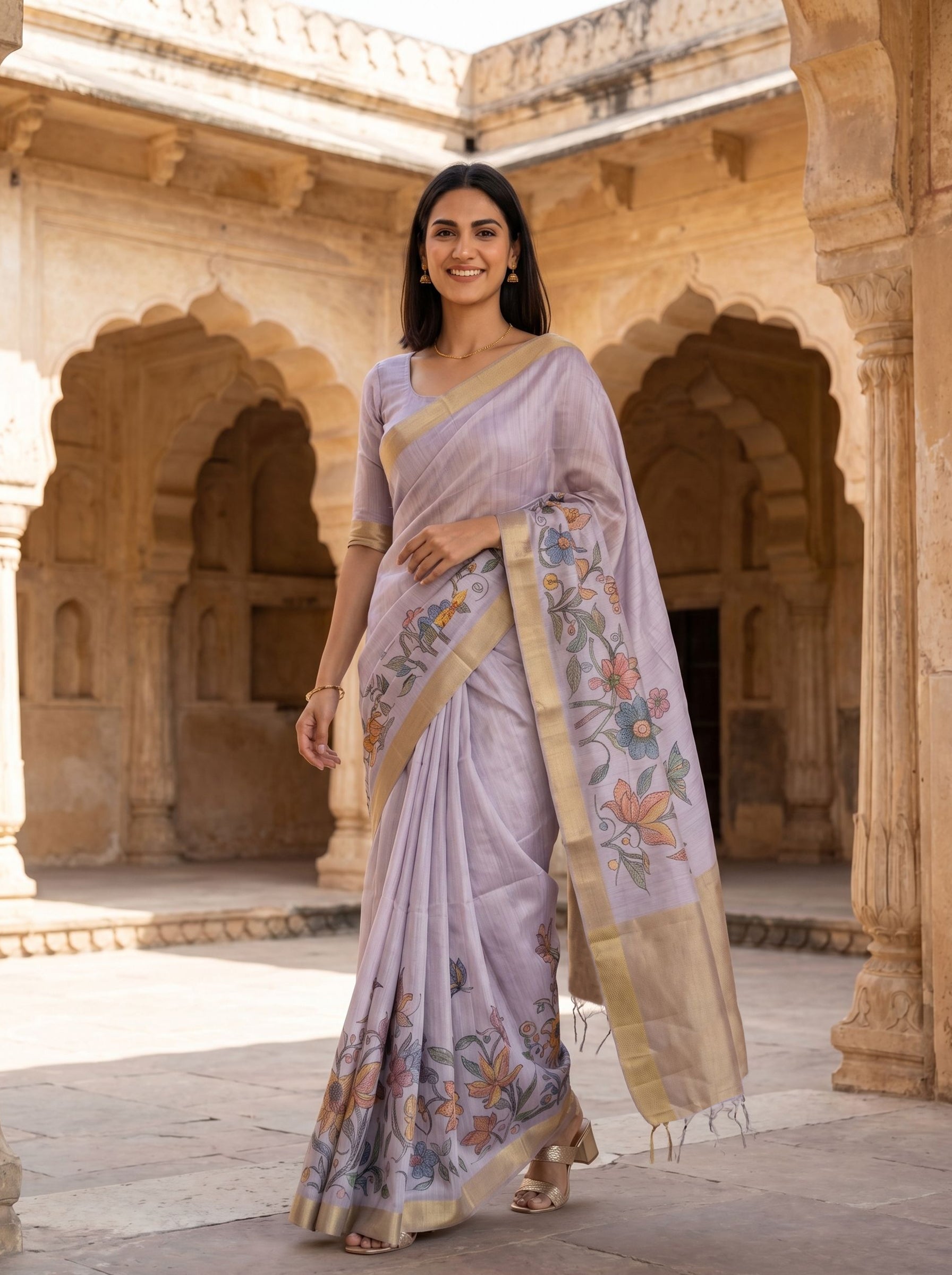 Woman in a traditional saree standing in an architectural setting