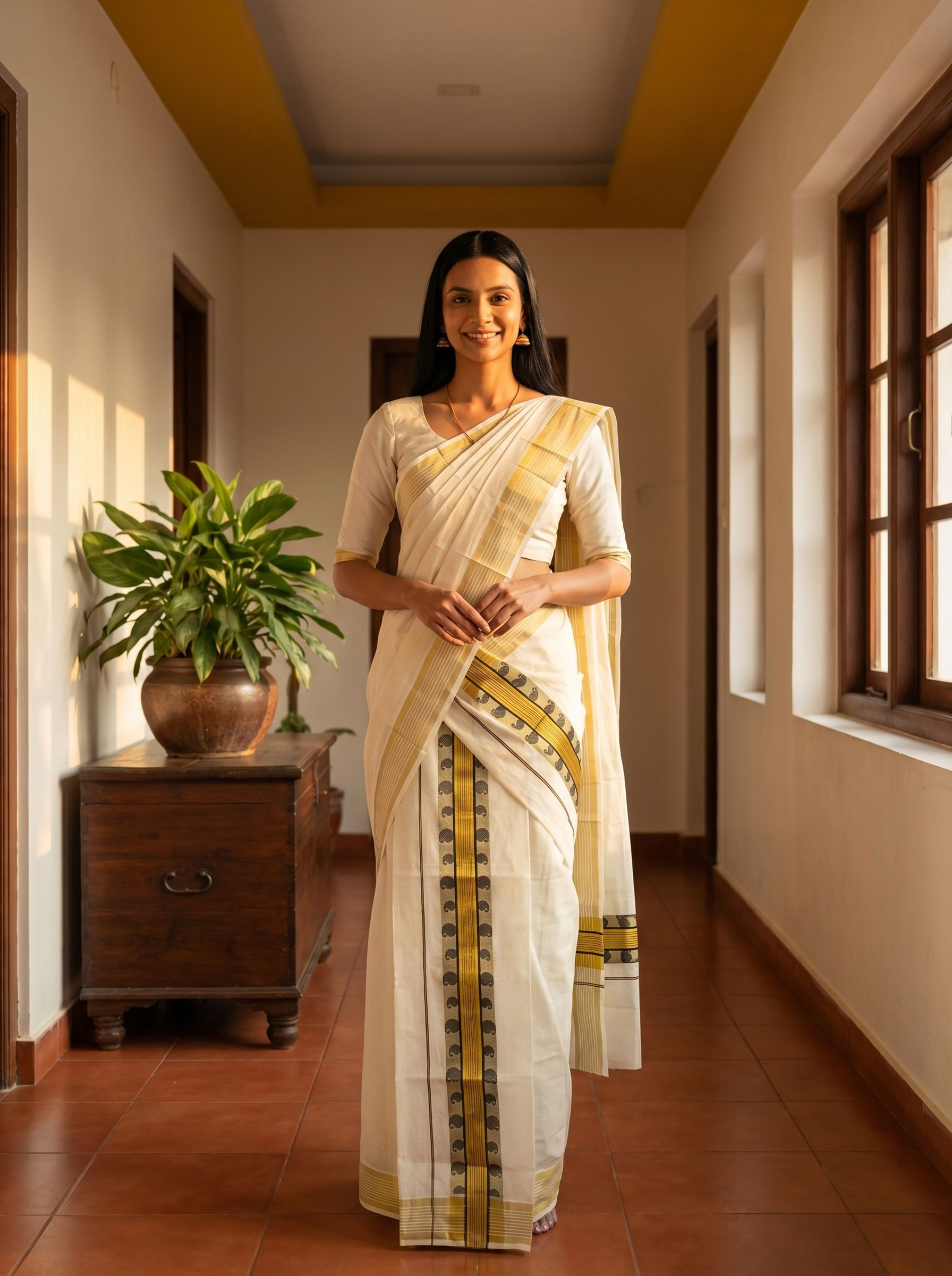 Woman in a white saree with yellow patterns standing in a room with a plant and wooden cabinet.