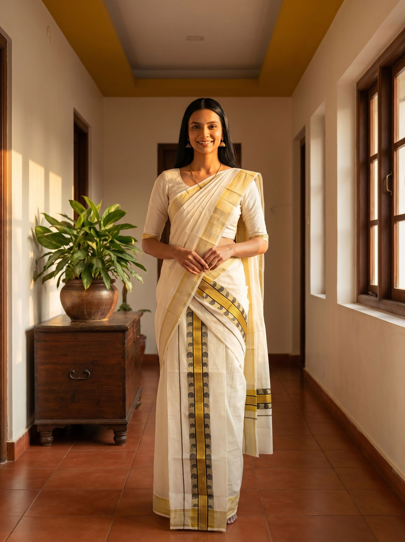 Woman in a white saree with yellow patterns standing in a room with a plant and wooden cabinet.