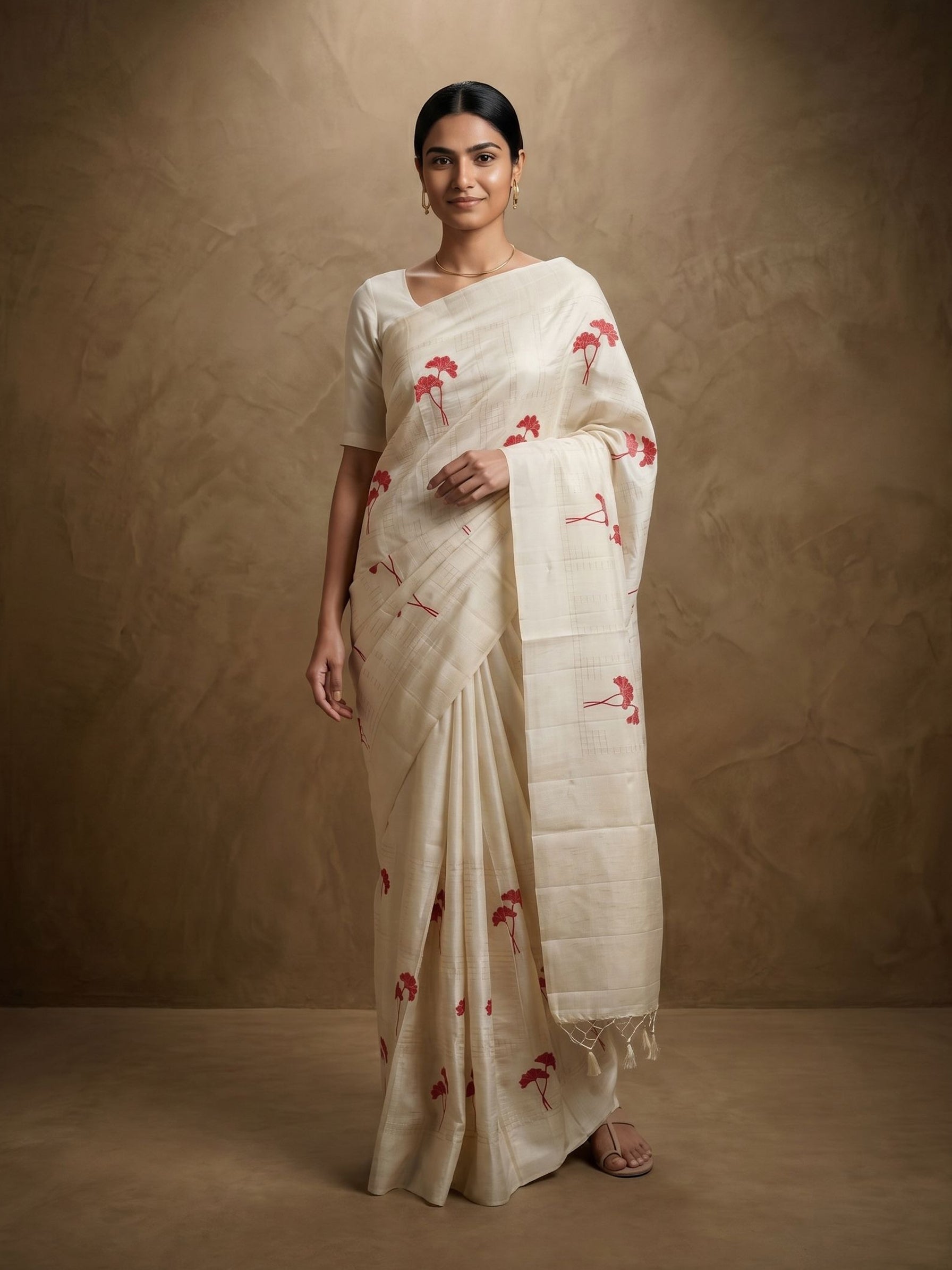 Woman wearing a white saree with red patterns against a beige background