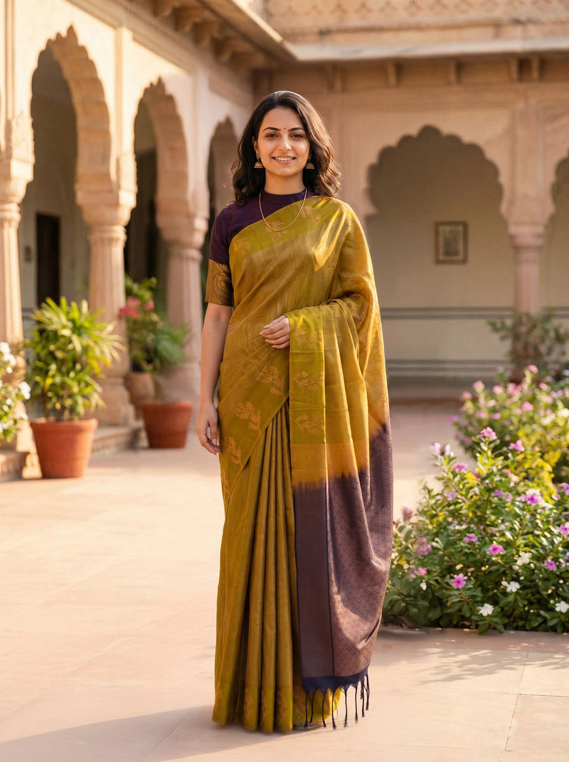 Woman in a yellow and purple saree standing in a courtyard with floral decorations.