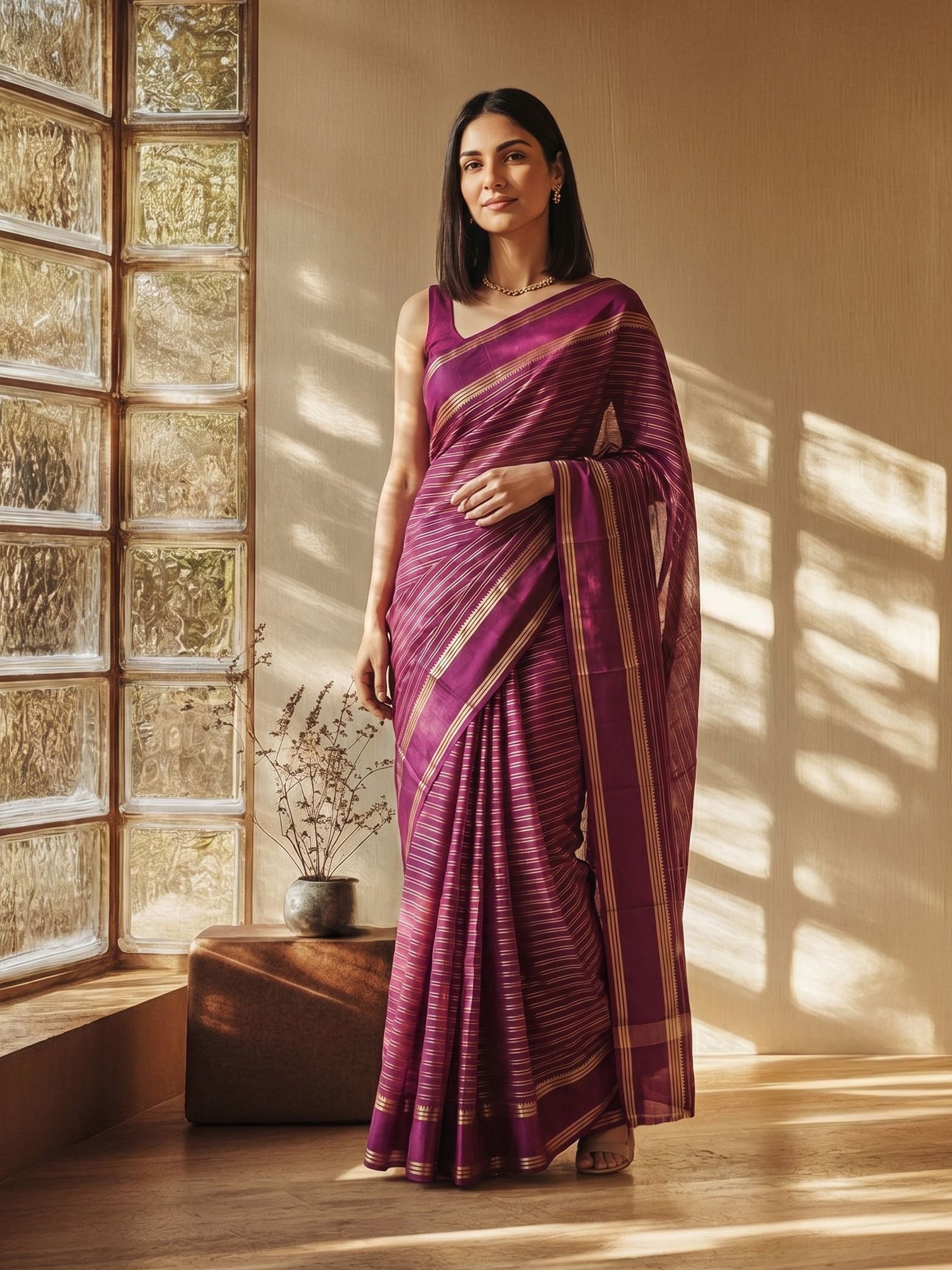 Woman in a purple saree standing in a room with sunlight filtering through a glass wall.