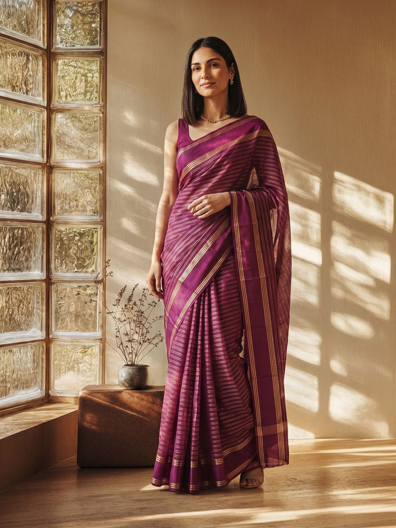 Woman in a purple saree standing in a room with sunlight filtering through a glass wall.