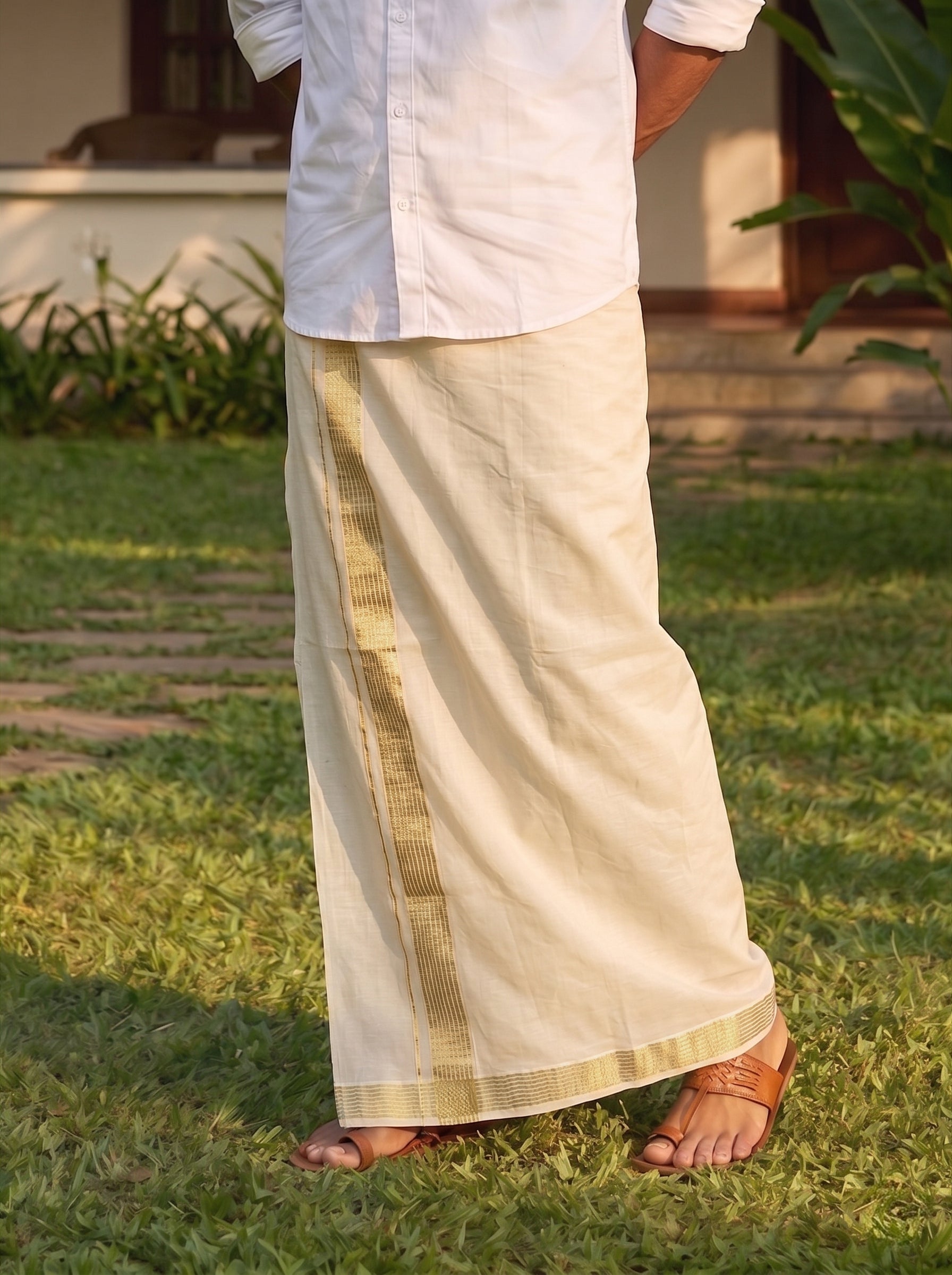 Men's Cotton Cream Festival Wear Kerala Golden Stripe Kasavu Dhoti